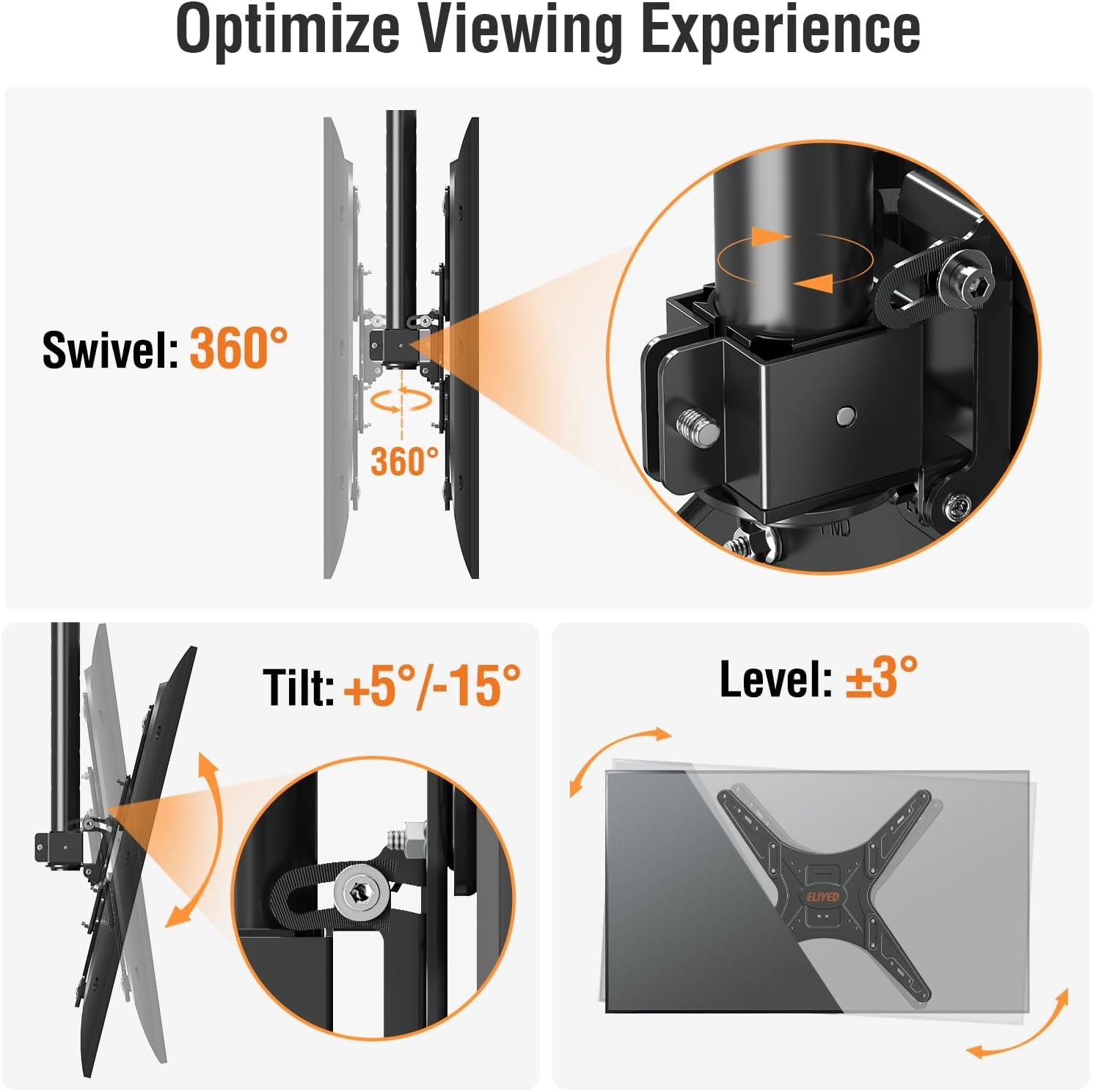 image:imageELIVED Ceiling TV Mount for Most 3775 Inch FlatCurved TVs Height Adjustable Ceiling Mount for Flat Pitched Roof Hanging TV Bracket 360 Swivel Full Motion Holds up to 110 lbs Max VESA 600x400mmHeight 302