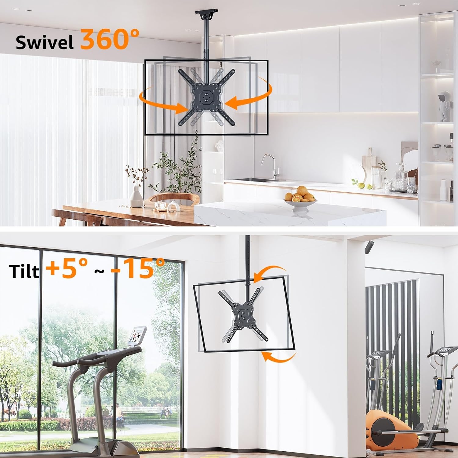 image:imageELIVED Ceiling TV Mount for Most 3775 Inch FlatCurved TVs Height Adjustable Ceiling Mount for Flat Pitched Roof Hanging TV Bracket 360 Swivel Full Motion Holds up to 110 lbs Max VESA 600x400mmHeight 417