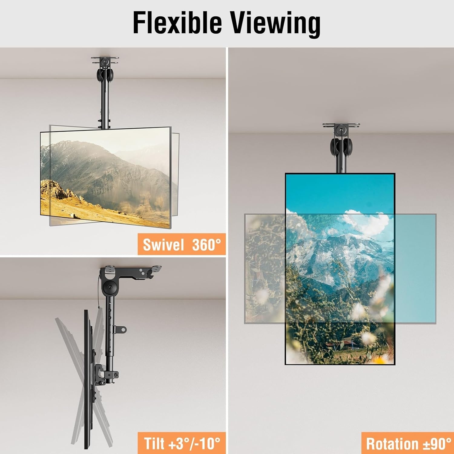 image:imageELIVED Ceiling TV Mount for Most 3775 Inch FlatCurved TVs Height Adjustable Ceiling Mount for Flat Pitched Roof Hanging TV Bracket 360 Swivel Full Motion Holds up to 110 lbs Max VESA 600x400mmHeight 153