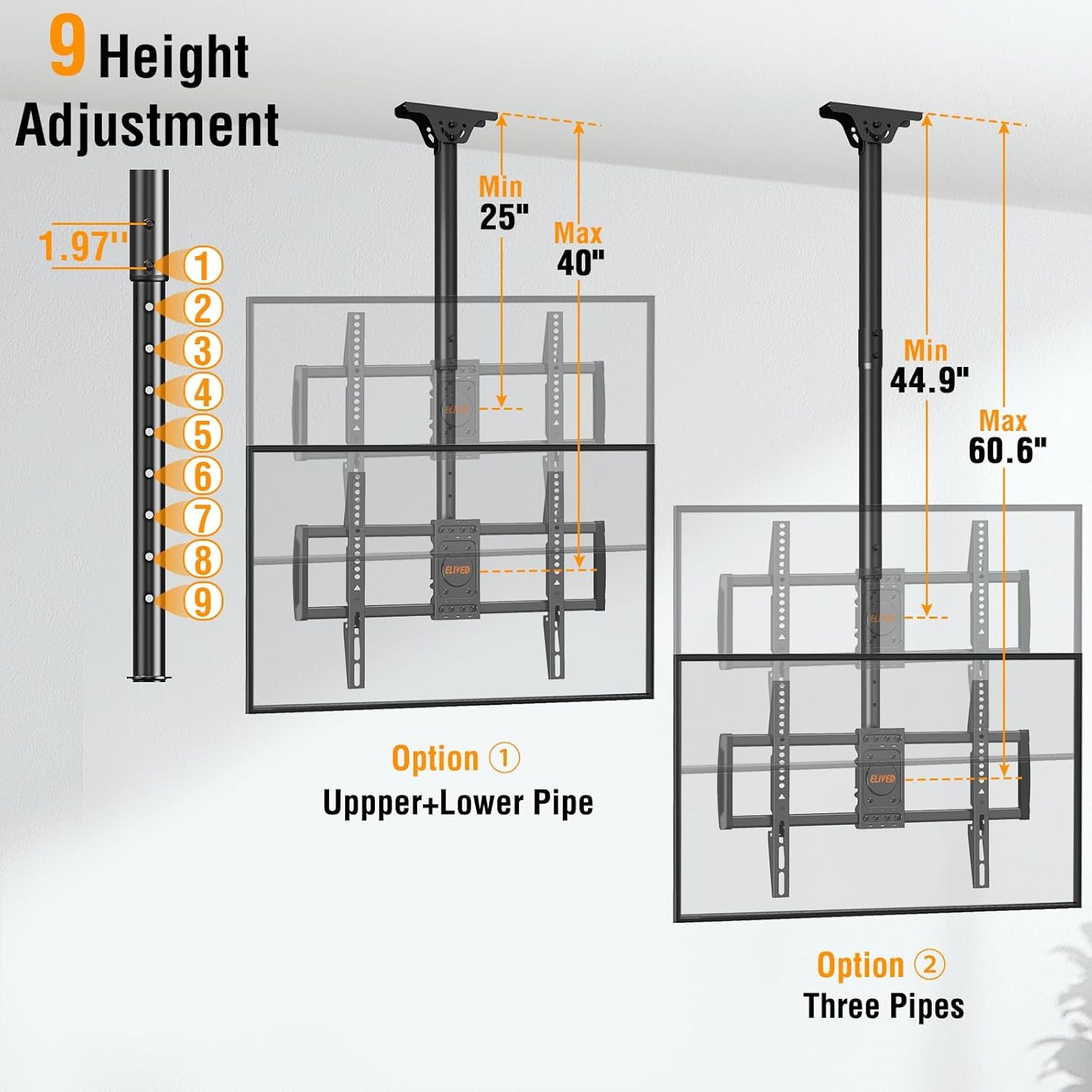 image:imageELIVED Ceiling TV Mount for Most 3775 Inch FlatCurved TVs Height Adjustable Ceiling Mount for Flat Pitched Roof Hanging TV Bracket 360 Swivel Full Motion Holds up to 110 lbs Max VESA 600x400mmHeight 606
