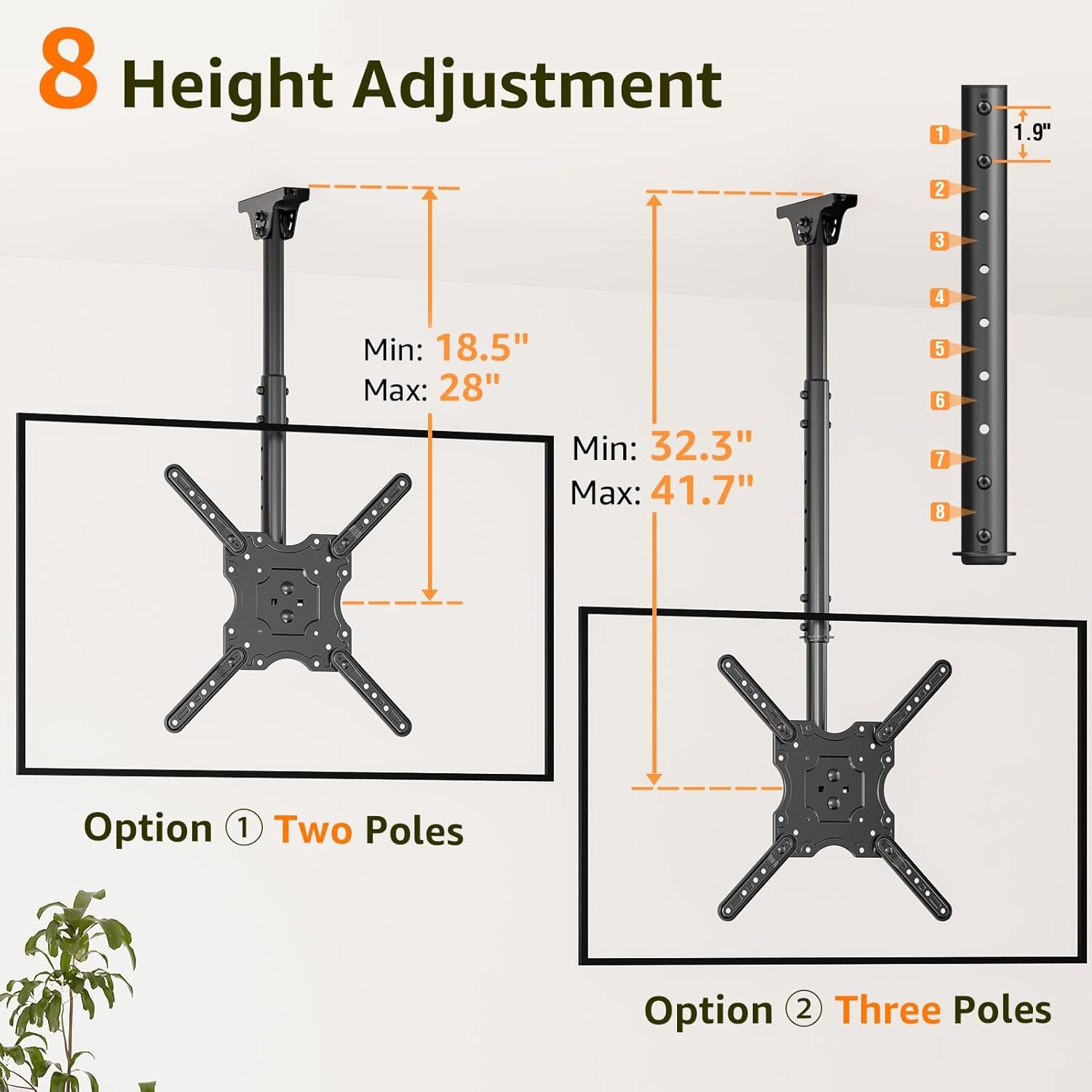 image:imageELIVED Ceiling TV Mount for Most 3775 Inch FlatCurved TVs Height Adjustable Ceiling Mount for Flat Pitched Roof Hanging TV Bracket 360 Swivel Full Motion Holds up to 110 lbs Max VESA 600x400mmHeight 417