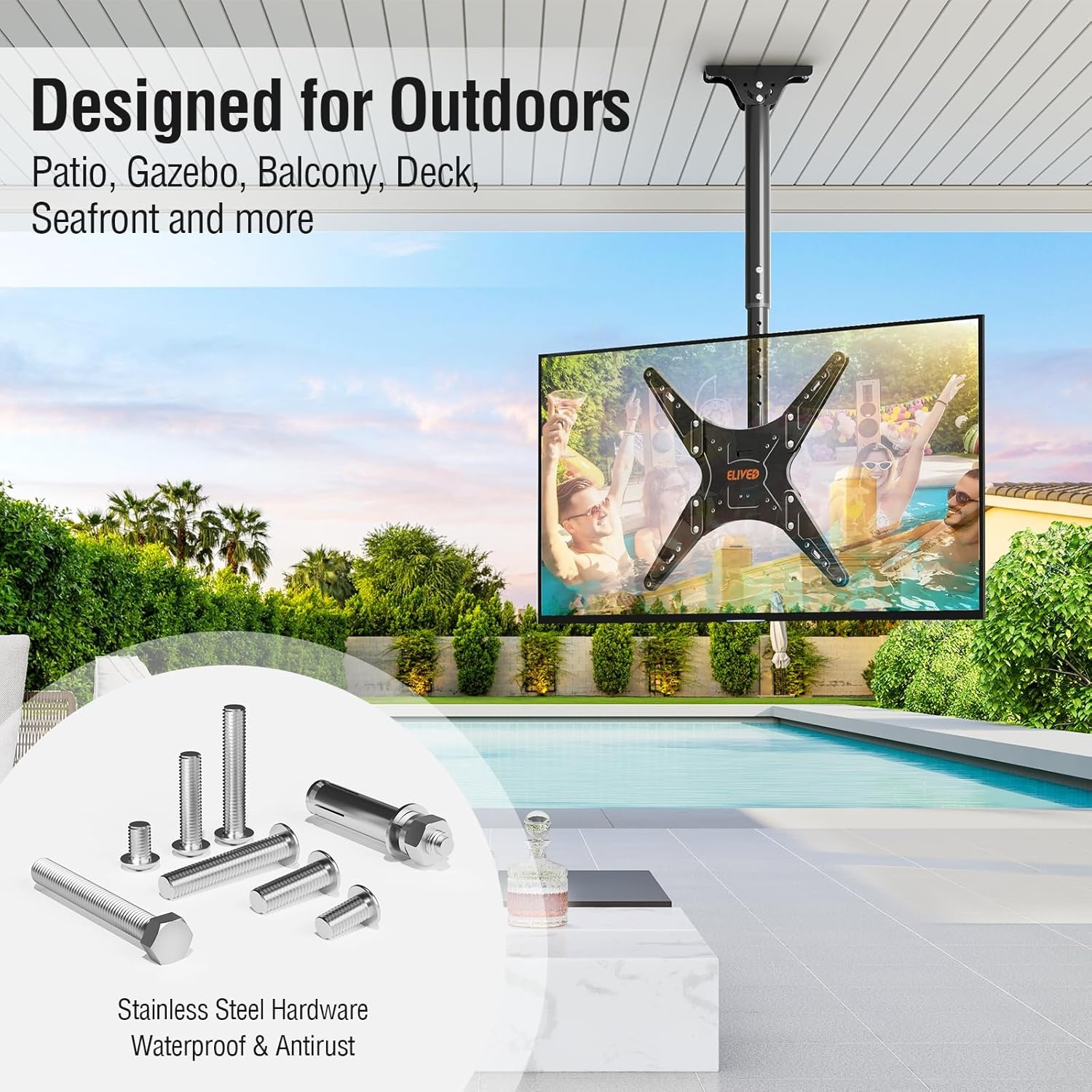 image:imageELIVED Ceiling TV Mount for Most 3775 Inch FlatCurved TVs Height Adjustable Ceiling Mount for Flat Pitched Roof Hanging TV Bracket 360 Swivel Full Motion Holds up to 110 lbs Max VESA 600x400mmHeight 302