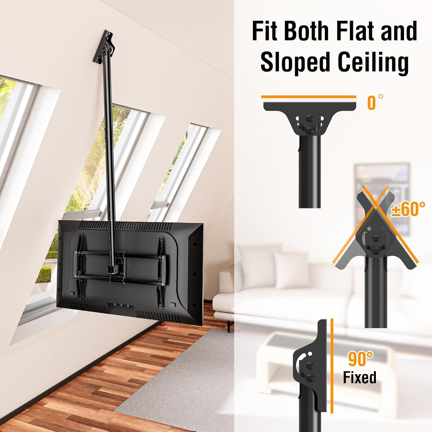image:imageELIVED Ceiling TV Mount for Most 3775 Inch FlatCurved TVs Height Adjustable Ceiling Mount for Flat Pitched Roof Hanging TV Bracket 360 Swivel Full Motion Holds up to 110 lbs Max VESA 600x400mmHeight 606