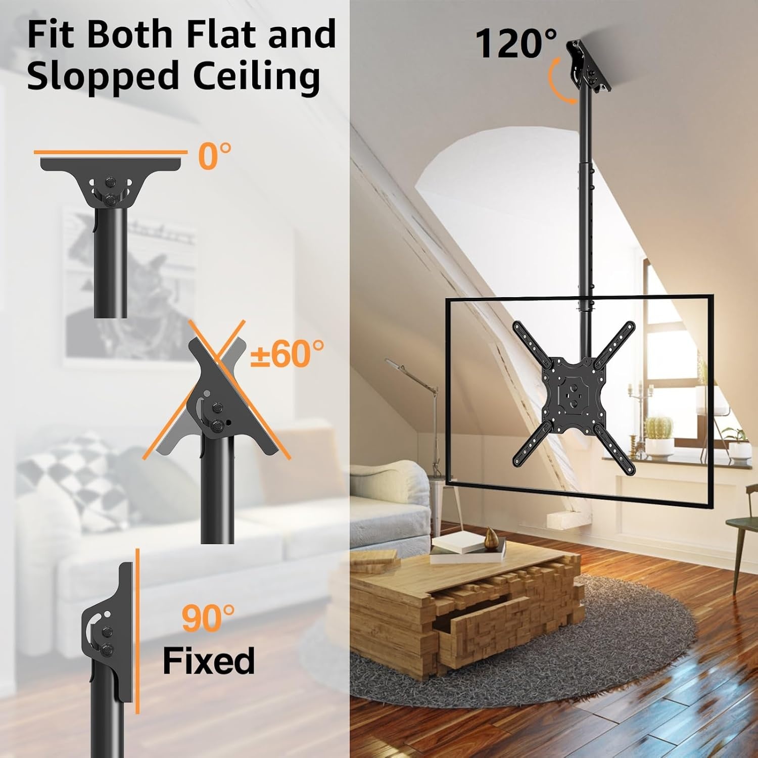 image:imageELIVED Ceiling TV Mount for Most 3775 Inch FlatCurved TVs Height Adjustable Ceiling Mount for Flat Pitched Roof Hanging TV Bracket 360 Swivel Full Motion Holds up to 110 lbs Max VESA 600x400mmHeight 417