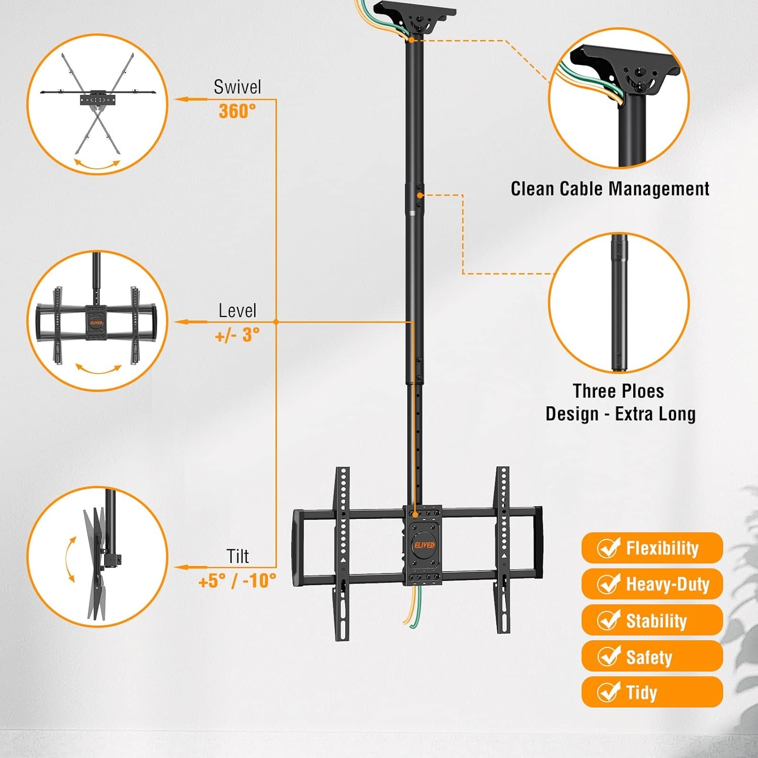 image:imageELIVED Ceiling TV Mount for Most 3775 Inch FlatCurved TVs Height Adjustable Ceiling Mount for Flat Pitched Roof Hanging TV Bracket 360 Swivel Full Motion Holds up to 110 lbs Max VESA 600x400mmHeight 606