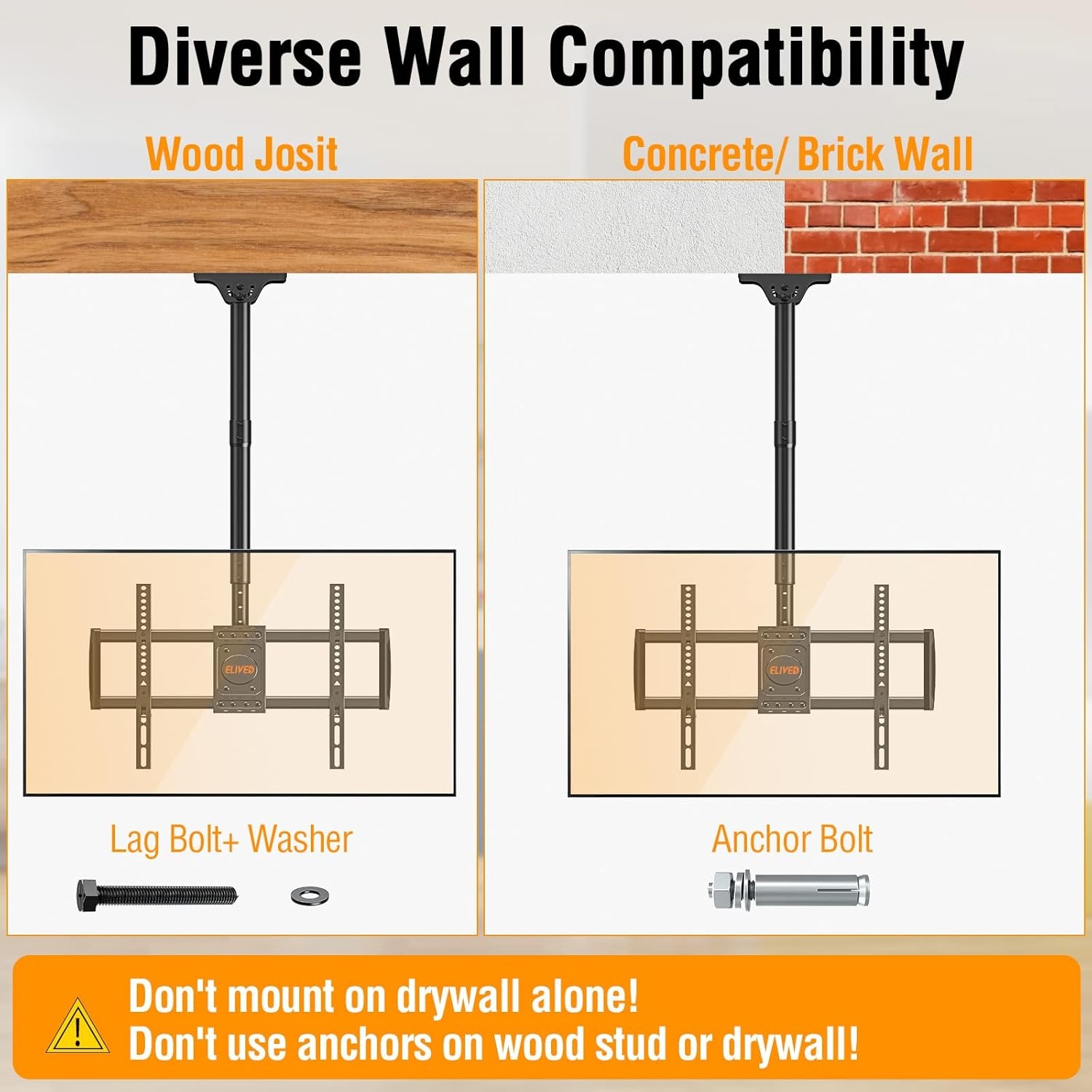 image:imageELIVED Ceiling TV Mount for Most 3775 Inch FlatCurved TVs Height Adjustable Ceiling Mount for Flat Pitched Roof Hanging TV Bracket 360 Swivel Full Motion Holds up to 110 lbs Max VESA 600x400mmHeight 606