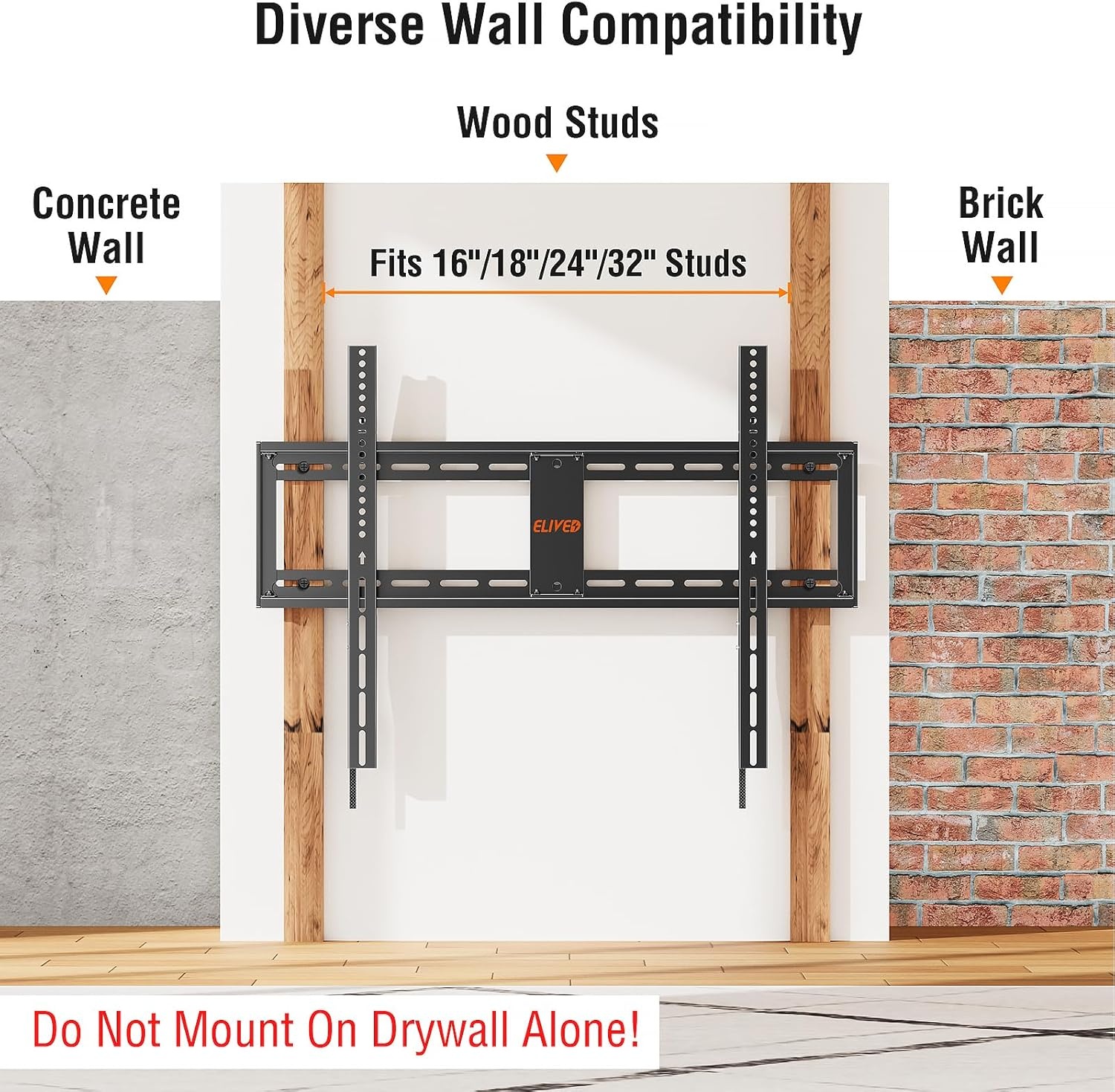 image:imageELIVED Heavy Duty TV Mount for Most 50100 Inch tvs up to 199 LBS amp 800x600mm Vesa 13 Low Profile Wall Mount TV Bracket Fixed tv Wall Mount Fits 16 24 32 StudsFix 50100 TV