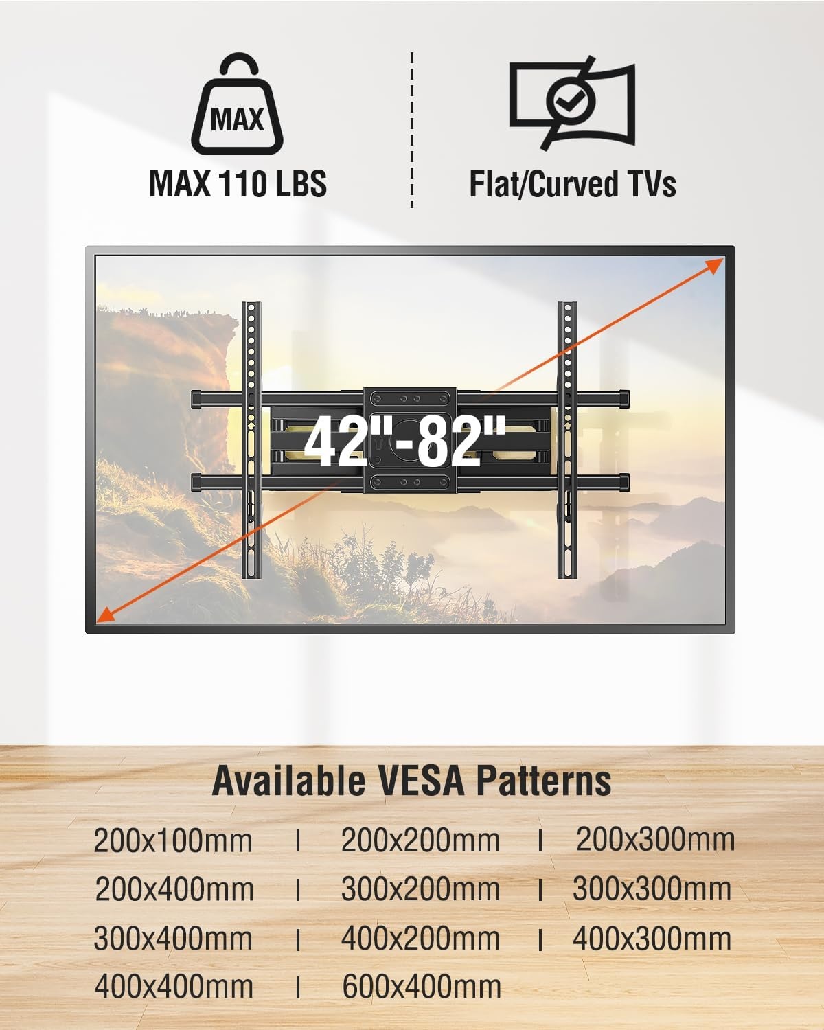 image:imageELIVED Heavy Duty TV Mount for Most 50100 Inch tvs up to 199 LBS amp 800x600mm Vesa 13 Low Profile Wall Mount TV Bracket Fixed tv Wall Mount Fits 16 24 32 StudsMotion 4282 TV