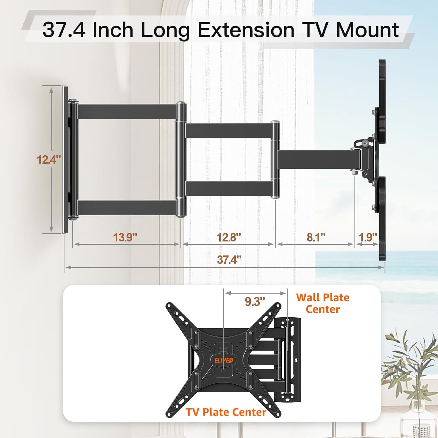 image:imageELIVED Outdoor Long Arm TV Wall Mount for Most 4275 Inch TVs 379 Inch Long Extension Corner TV Mount Weatherproof Full Motion tv Bracket AntiRust for Patio Holds 99 lbs Max VESA 600x400mmOutdoor Arm 374