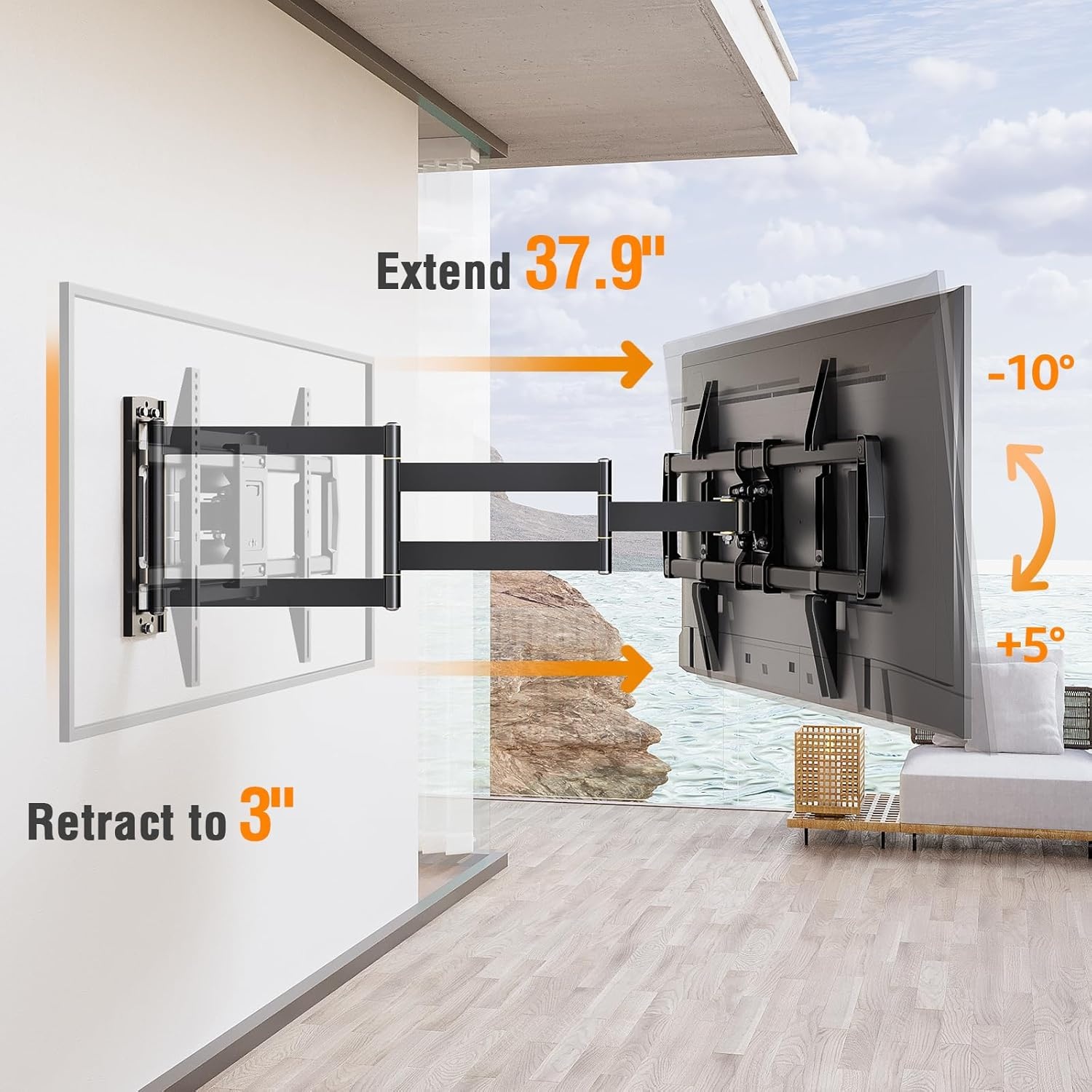 image:imageELIVED Outdoor Long Arm TV Wall Mount for Most 4275 Inch TVs 379 Inch Long Extension Corner TV Mount Weatherproof Full Motion tv Bracket AntiRust for Patio Holds 99 lbs Max VESA 600x400mmOutdoor Arm 379