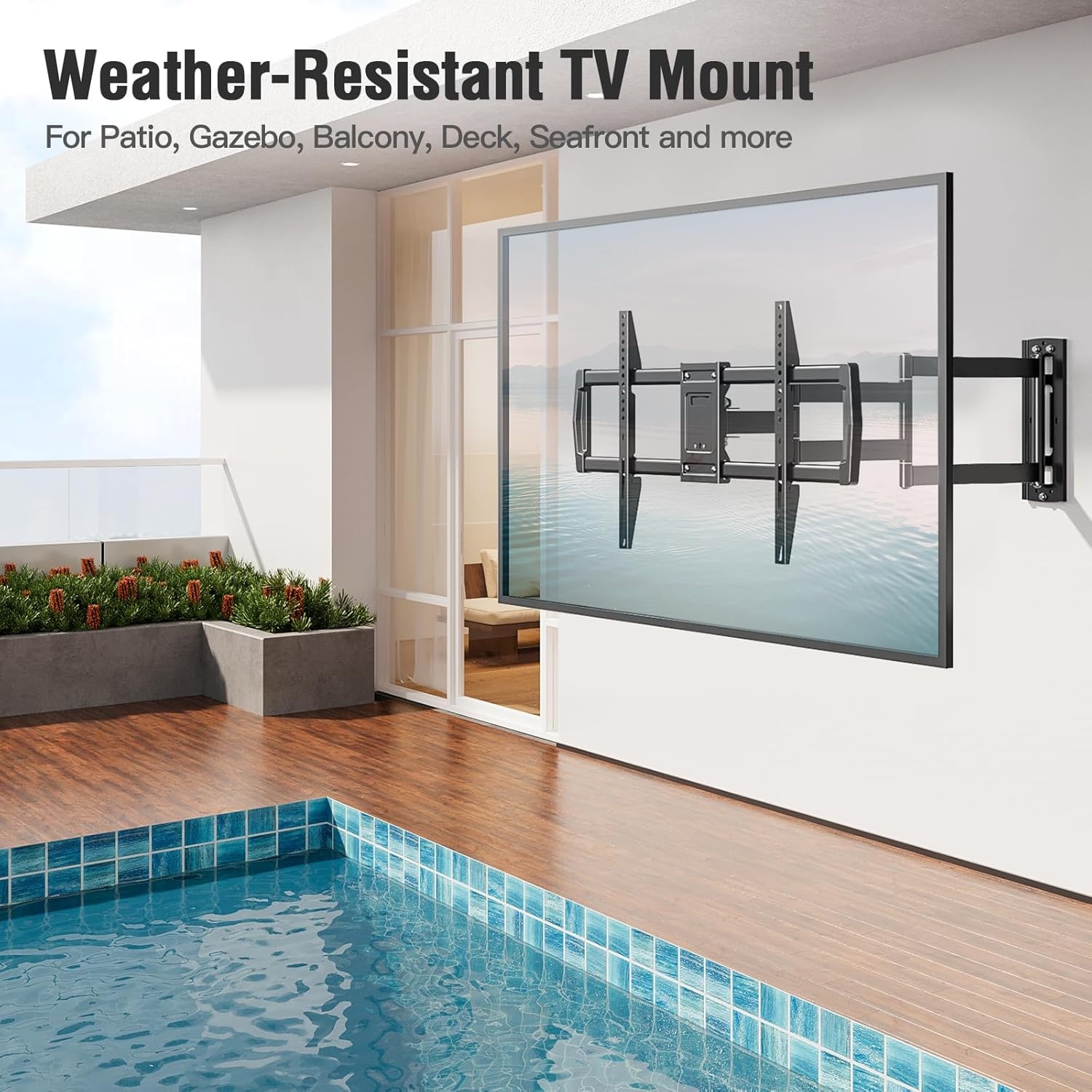image:imageELIVED Outdoor Long Arm TV Wall Mount for Most 4275 Inch TVs 379 Inch Long Extension Corner TV Mount Weatherproof Full Motion tv Bracket AntiRust for Patio Holds 99 lbs Max VESA 600x400mmOutdoor Arm 379