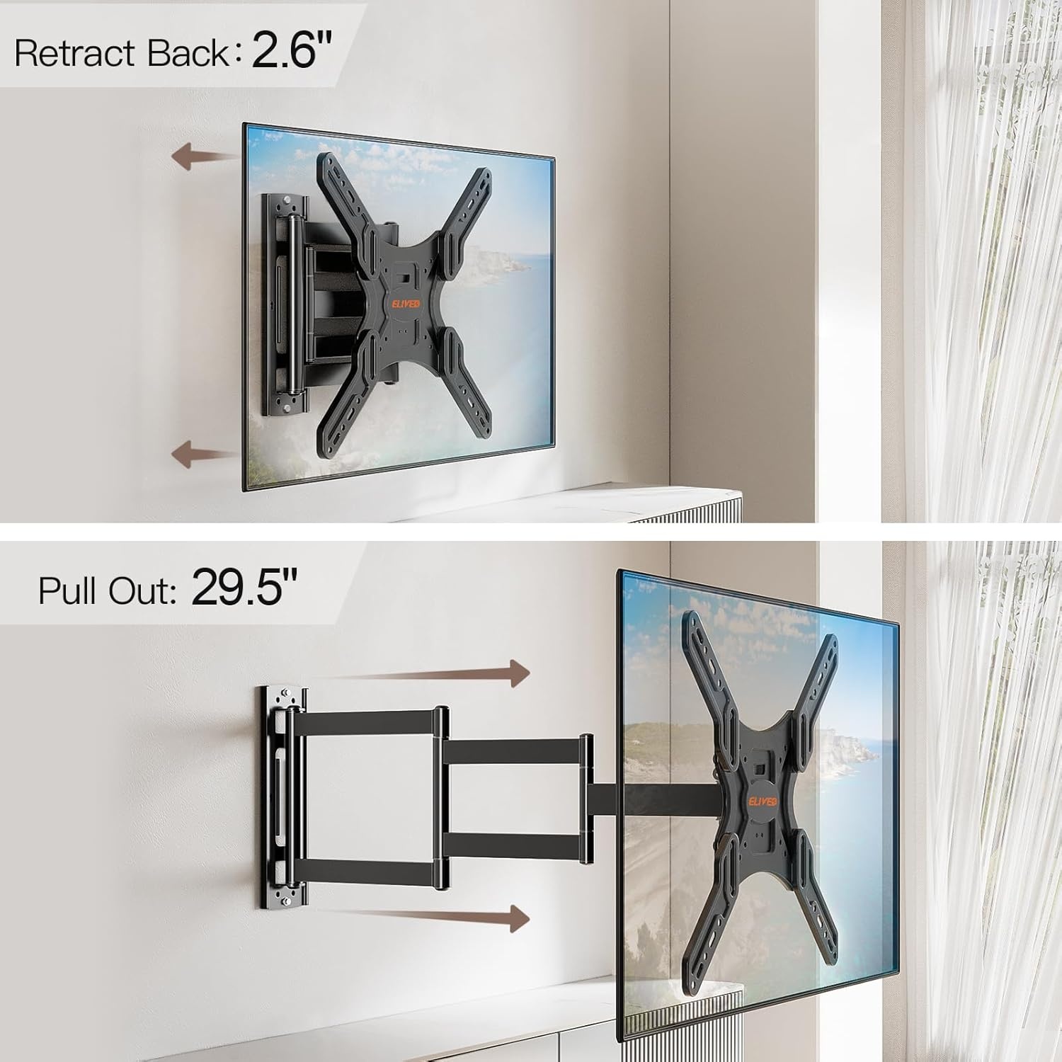 image:imageELIVED Outdoor Long Arm TV Wall Mount for Most 4275 Inch TVs 379 Inch Long Extension Corner TV Mount Weatherproof Full Motion tv Bracket AntiRust for Patio Holds 99 lbs Max VESA 600x400mmIndoor Arm 295