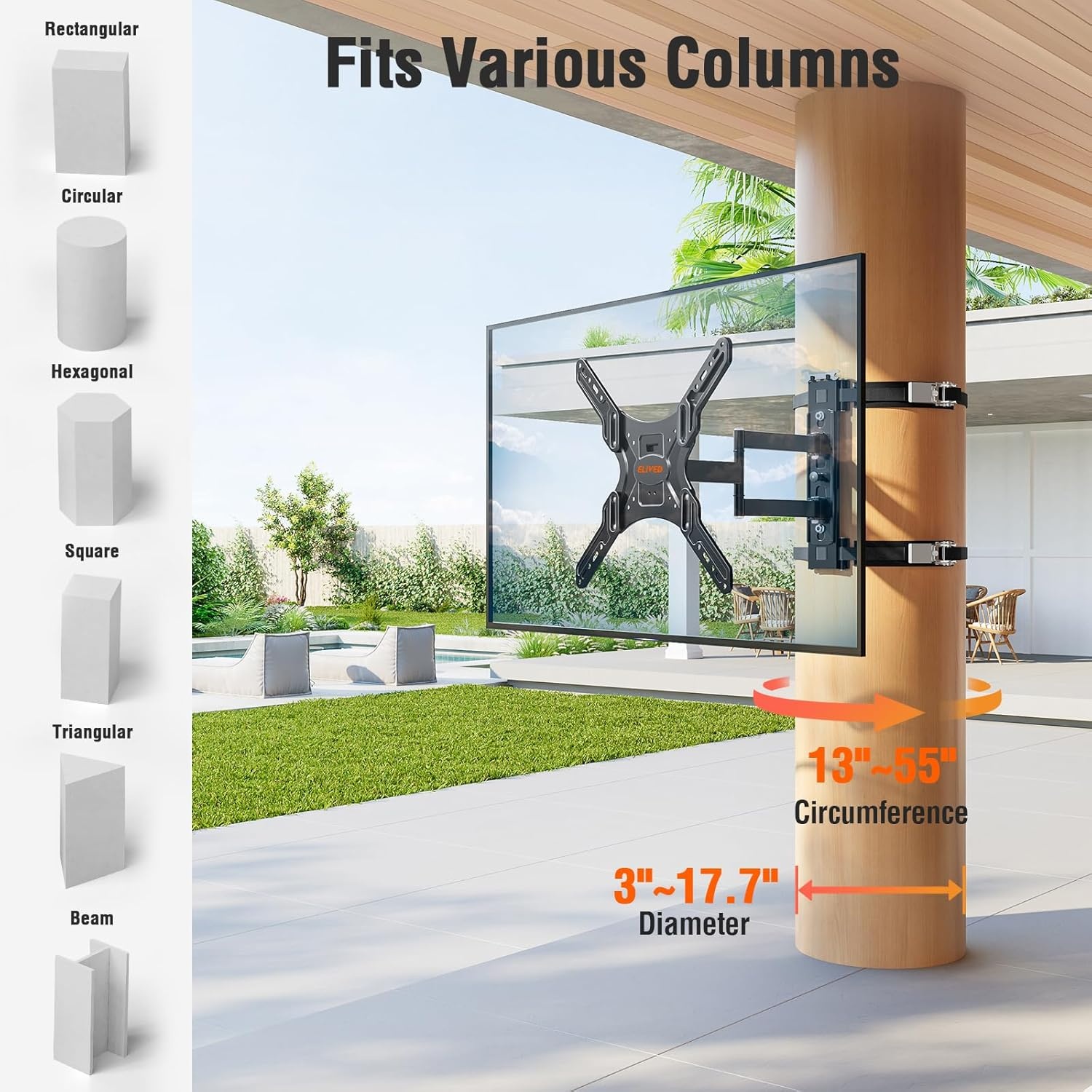 image:imageELIVED Pillar TV Mount for Most 2660 TVs Column TV Mount for Gazebo Patio Pergola No Drill Full Motion tv Bracket Swivel and Tilt Fits MultiShaped Poles Max VESA 400x400mm 77 LbsTV 2660 Outdoor Pillar