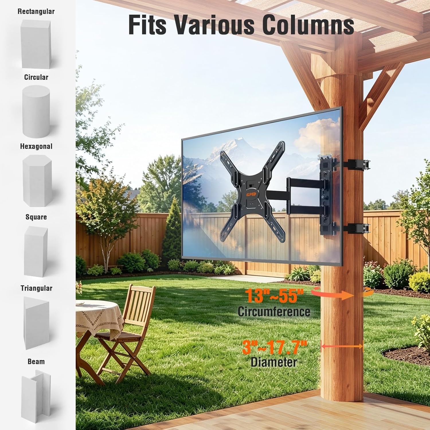 image:imageELIVED Pillar TV Mount for Most 2660 TVs Column TV Mount for Gazebo Patio Pergola No Drill Full Motion tv Bracket Swivel and Tilt Fits MultiShaped Poles Max VESA 400x400mm 77 LbsTV 2660 Pillar