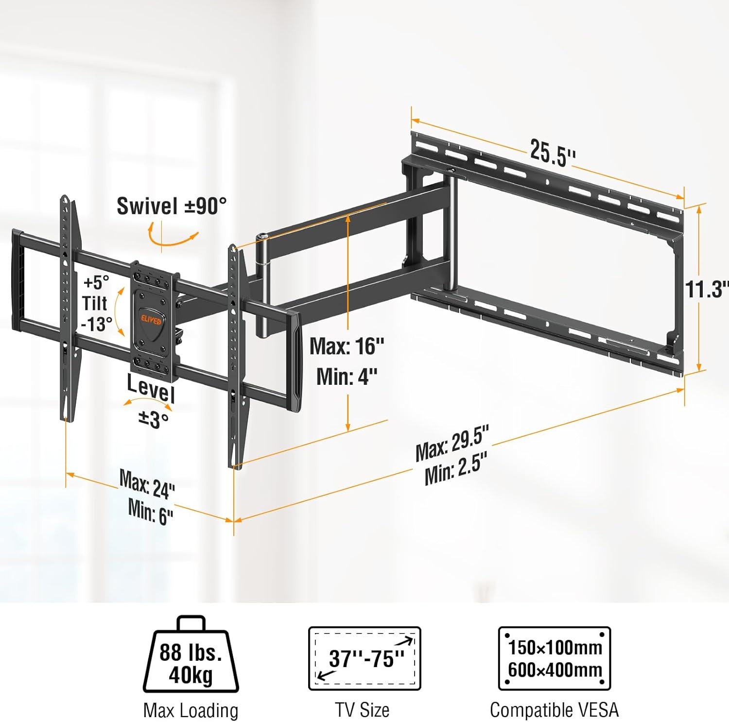 image:imageELIVED Pillar TV Mount for Most 2660 TVs Column TV Mount for Gazebo Patio Pergola No Drill Full Motion tv Bracket Swivel and Tilt Fits MultiShaped Poles Max VESA 400x400mm 77 LbsTV 3775 Arm 295