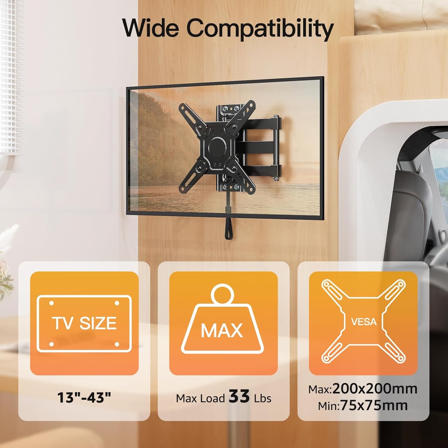 image:imageELIVED RV TV Mount for Camper Lockable RV TV Wall Mount for Most 1343 Inch TVs Full Motion Swivel and Tilt Patented Dual Latch Design for Trailer Motorhome Truck Boat Max VESA 200x200mm 33 LBSMax Load 33 lbs