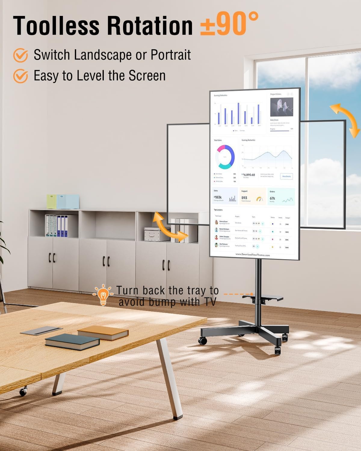 image:imageELIVED Rolling TV Stand for Most 2360 TVs Mobile TV Cart 90 Rotation Landscape to Portrait Height Adjustable Floor TV Stand with Extendable Base Max VESA 400x400mm Up to 77 Lbs