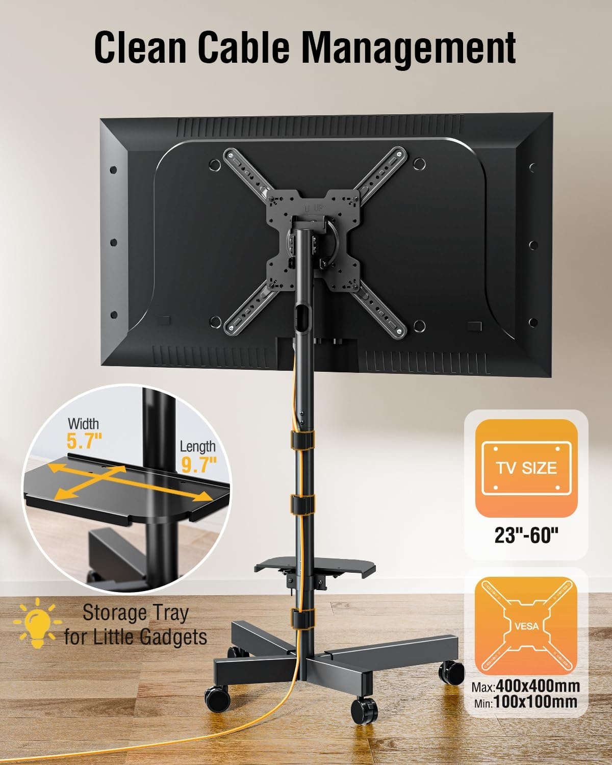 image:imageELIVED Rolling TV Stand for Most 2360 TVs Mobile TV Cart 90 Rotation Landscape to Portrait Height Adjustable Floor TV Stand with Extendable Base Max VESA 400x400mm Up to 77 Lbs