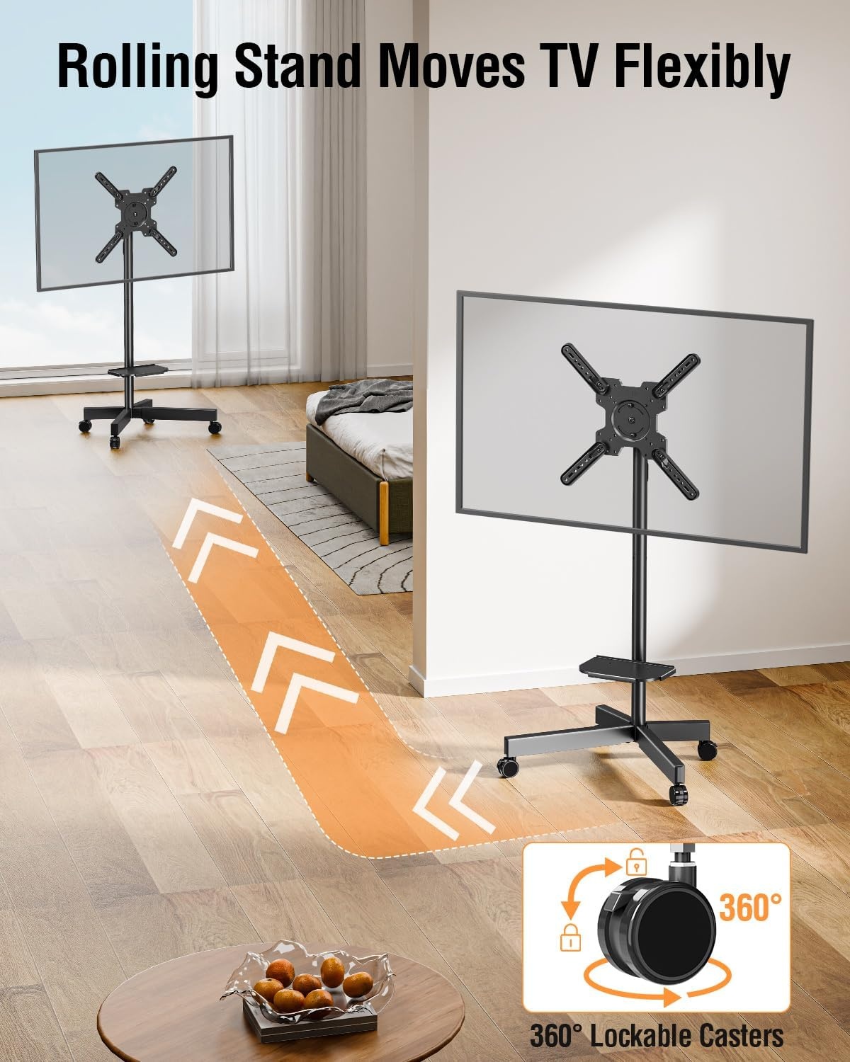 image:imageELIVED Rolling TV Stand for Most 2360 TVs Mobile TV Cart 90 Rotation Landscape to Portrait Height Adjustable Floor TV Stand with Extendable Base Max VESA 400x400mm Up to 77 Lbs