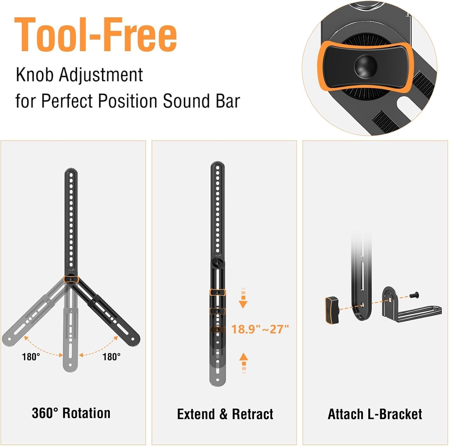 image:imageELIVED Soundbar Mount Under or Above TV Fits Most Sound Bars Up to 15 Lbs ToolFree Knob Height Adjustable Universal Sound Bar TV Bracket with Detachable Long Extension Arms and LBracketsLarge