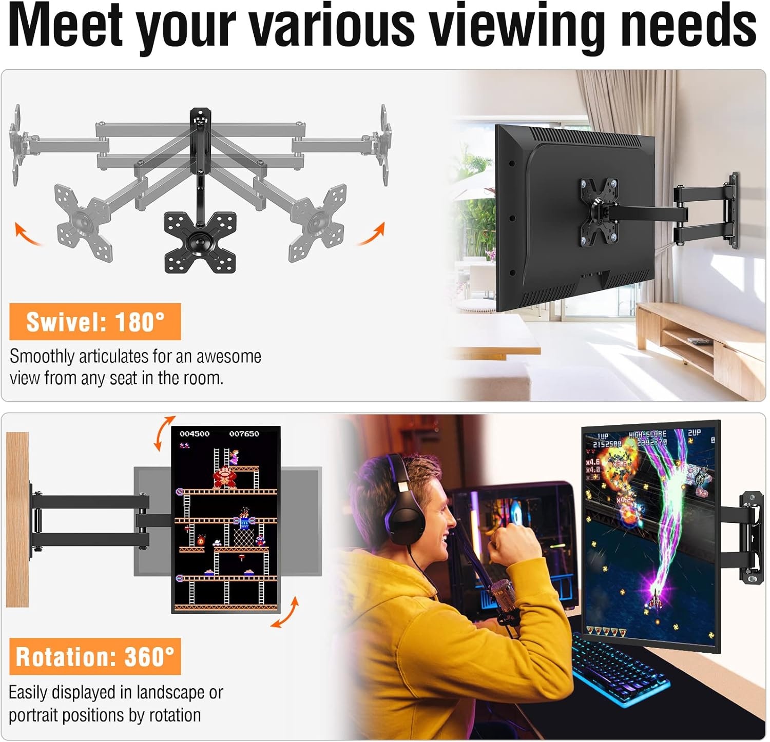 image:imageELIVED TV Wall Mount for Most 1330 inch TVs and Monitors Swivel and Tilt Full Motion TV Mount Brackets Rotation Articulating Extension Arm Single Stud for Corner Max VESA 100x100mm 33 lbs