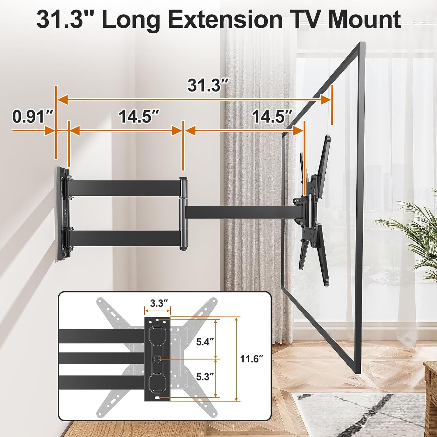 image:imageELIVED TV Wall Mount for Most 2660 Inch TVs Swivel and Tilt Full Motion TV Mount with Single Stud Perfect Center Design Wall Mount Bracket Max VESA 400x400mm Corner Mount Holds up to 77 lbsLong Arm 313 TV 3265