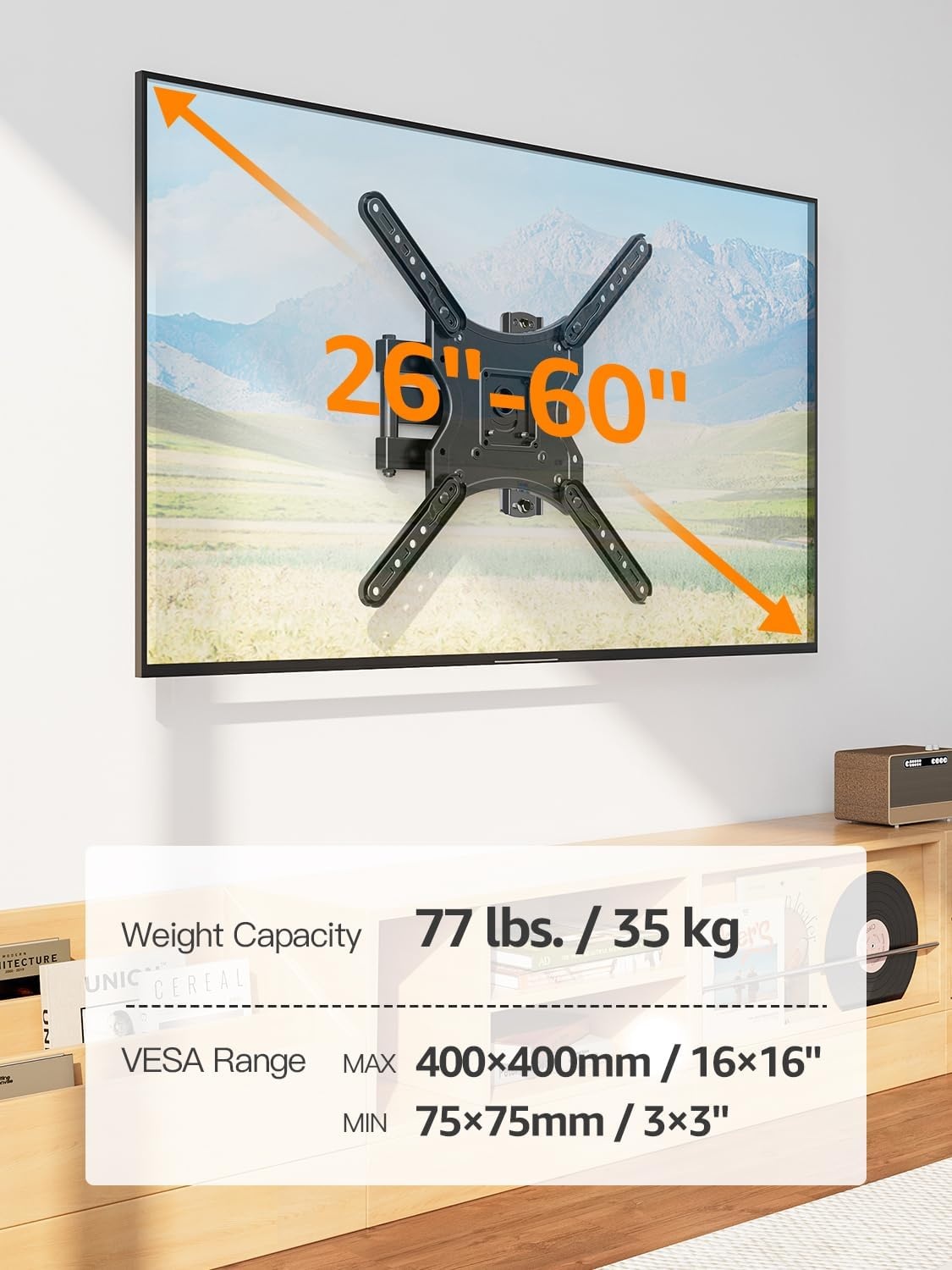 image:imageELIVED TV Wall Mount for Most 2660 Inch TVs Swivel and Tilt Full Motion TV Mount with Single Stud Perfect Center Design Wall Mount Bracket Max VESA 400x400mm Corner Mount Holds up to 77 lbsArm 16 TV 2660
