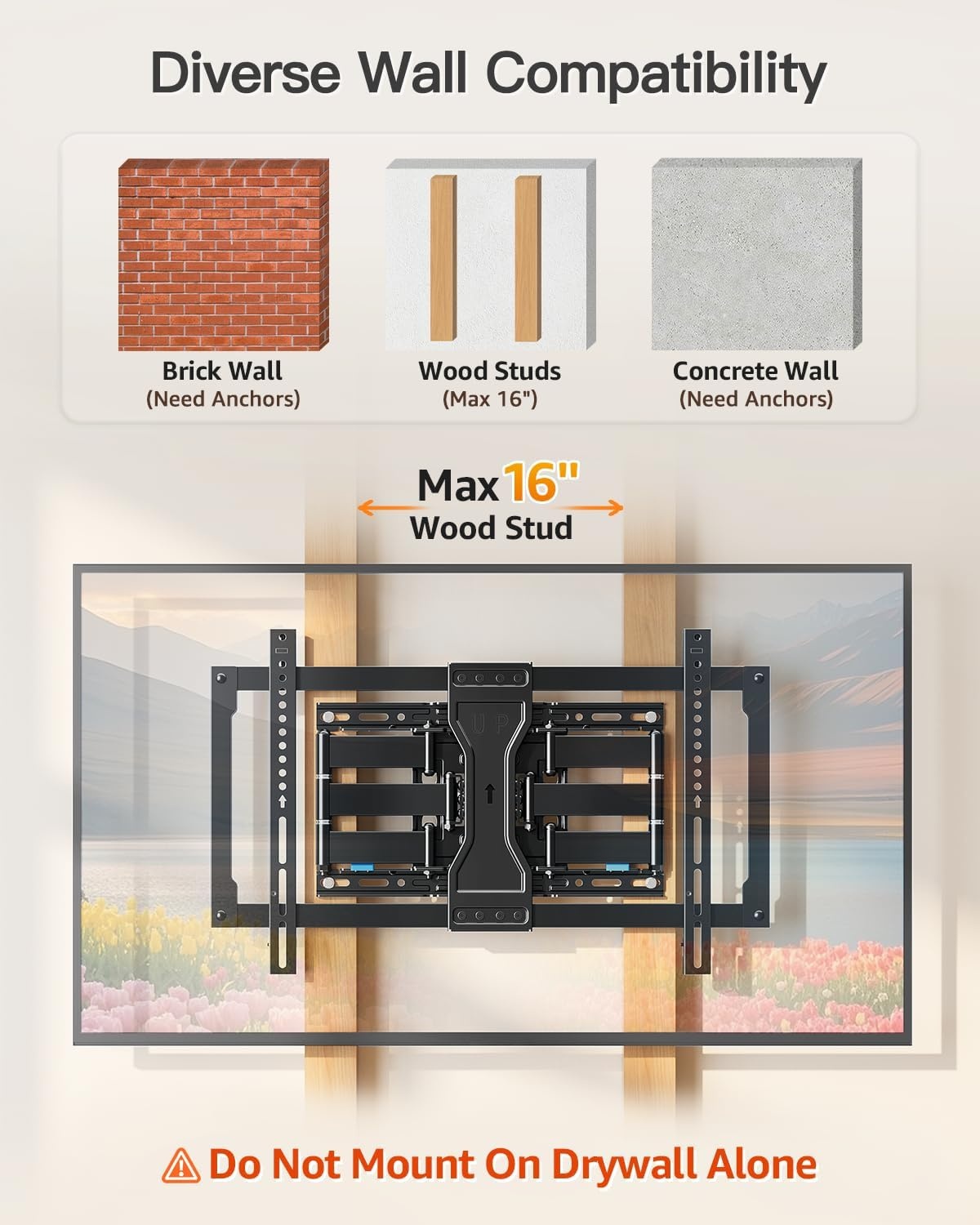 image:imageELIVED TV Wall Mount for Most 2660 Inch TVs Swivel and Tilt Full Motion TV Mount with Single Stud Perfect Center Design Wall Mount Bracket Max VESA 400x400mm Corner Mount Holds up to 77 lbsMotion 3790 TV