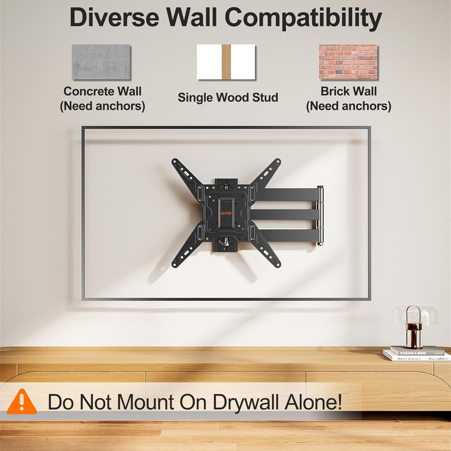 image:imageELIVED TV Wall Mount for Most 2660 Inch TVs Swivel and Tilt Full Motion TV Mount with Single Stud Perfect Center Design Wall Mount Bracket Max VESA 400x400mm Corner Mount Holds up to 77 lbsLong Arm 313 TV 3265