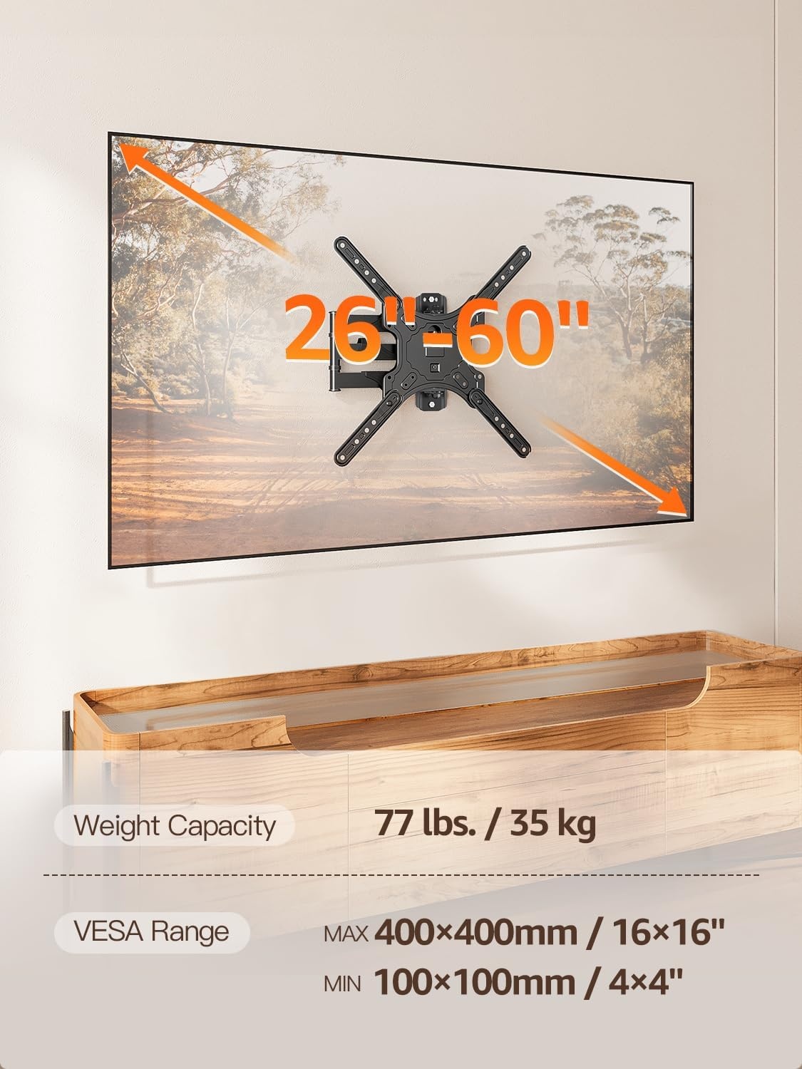 image:imageELIVED TV Wall Mount for Most 2660 Inch TVs Swivel and Tilt Full Motion TV Mount with Single Stud Perfect Center Design Wall Mount Bracket Max VESA 400x400mm Corner Mount Holds up to 77 lbsArm 155 TV 2660