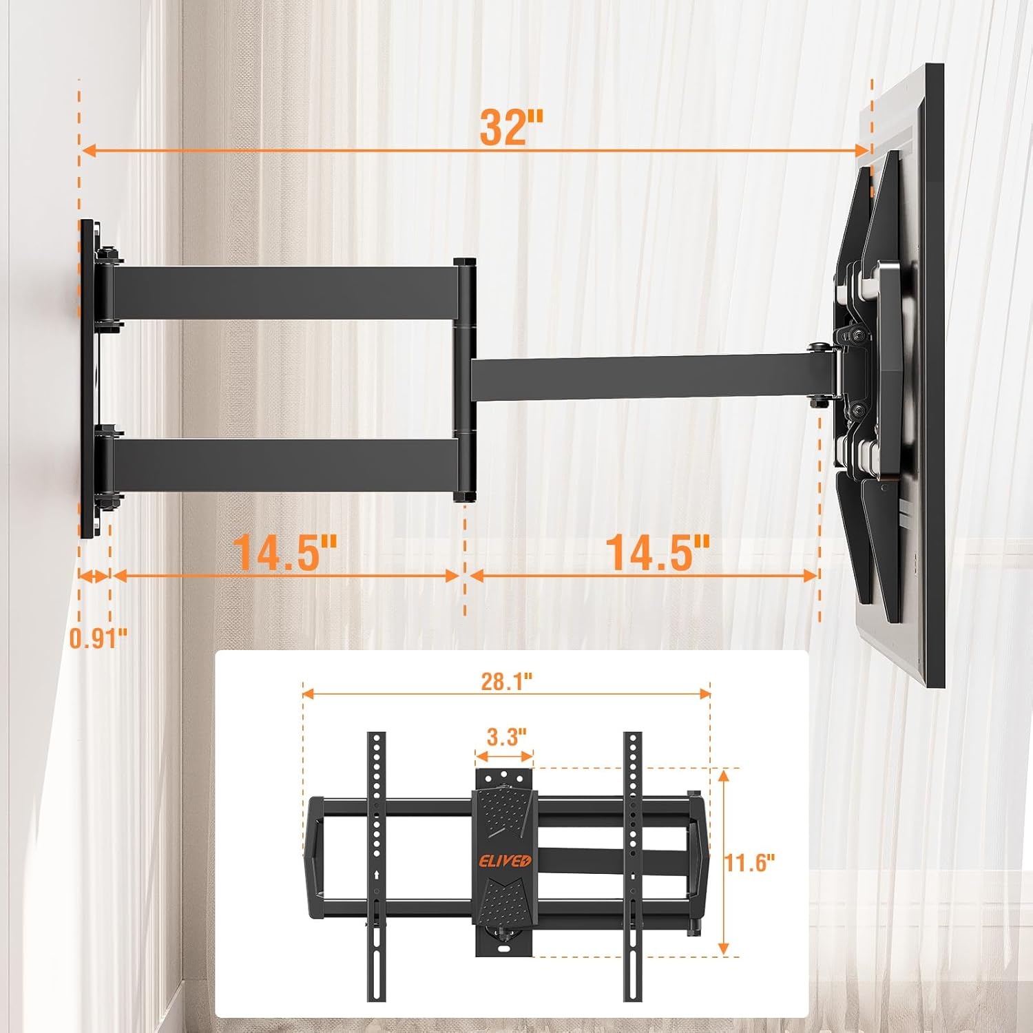 image:imageELIVED Tilting TV Wall Mount for Most 3785 TVs Up to 132 lbs Low Profile Tilt Mount Fits 241816 Wood Studs SpaceSaving Wall Mount tv Bracket Max VESA 600x400mmTV 4275 Arm 32