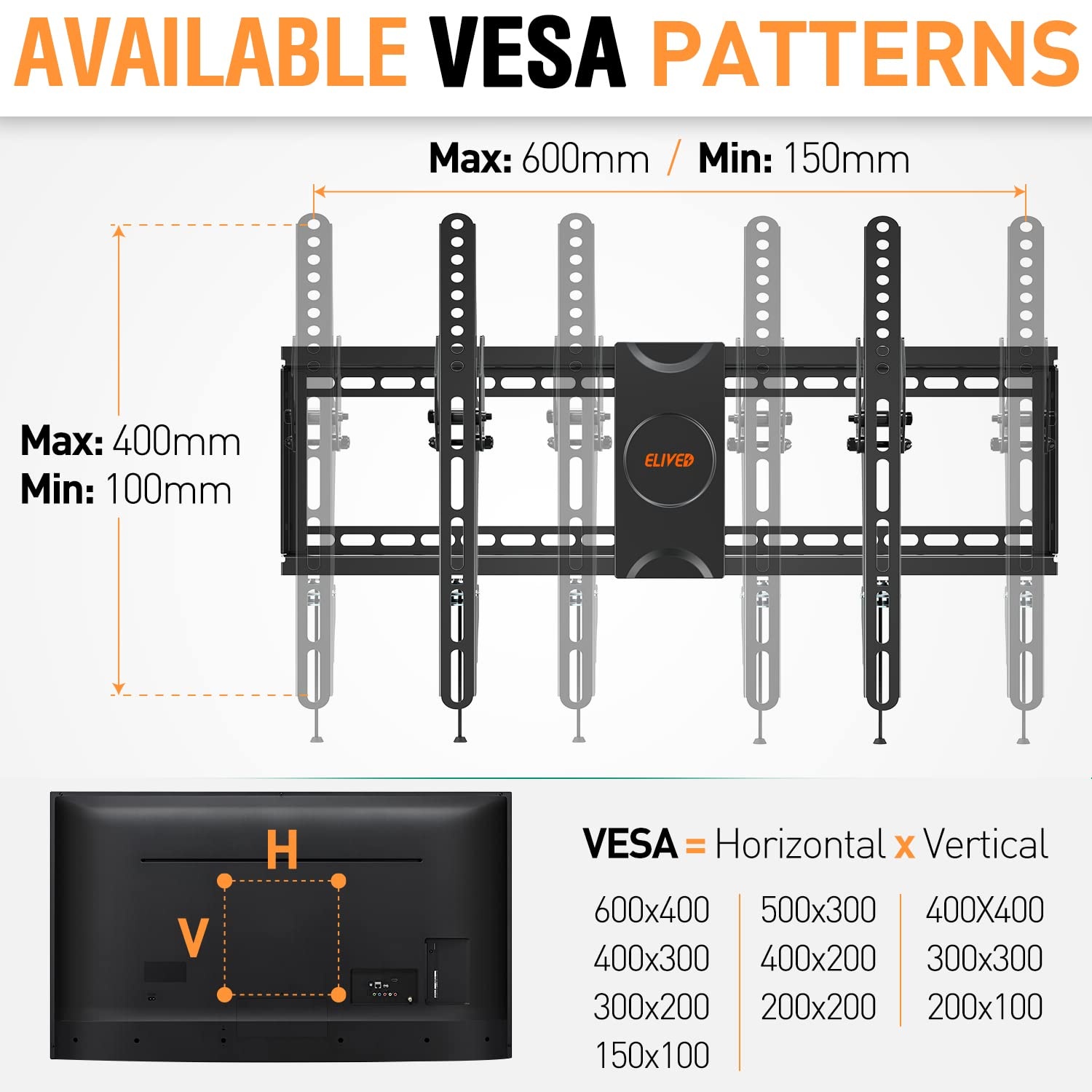 image:imageELIVED UL Listed TV Wall Mount for Most 3775 Inch Flat Screen Curved TVs Universal Tilting Mount fits 16 18 24 Studs Low Profile TV Bracket Max VESA 600x400mm Loading Capacity 99 lbs 45kg