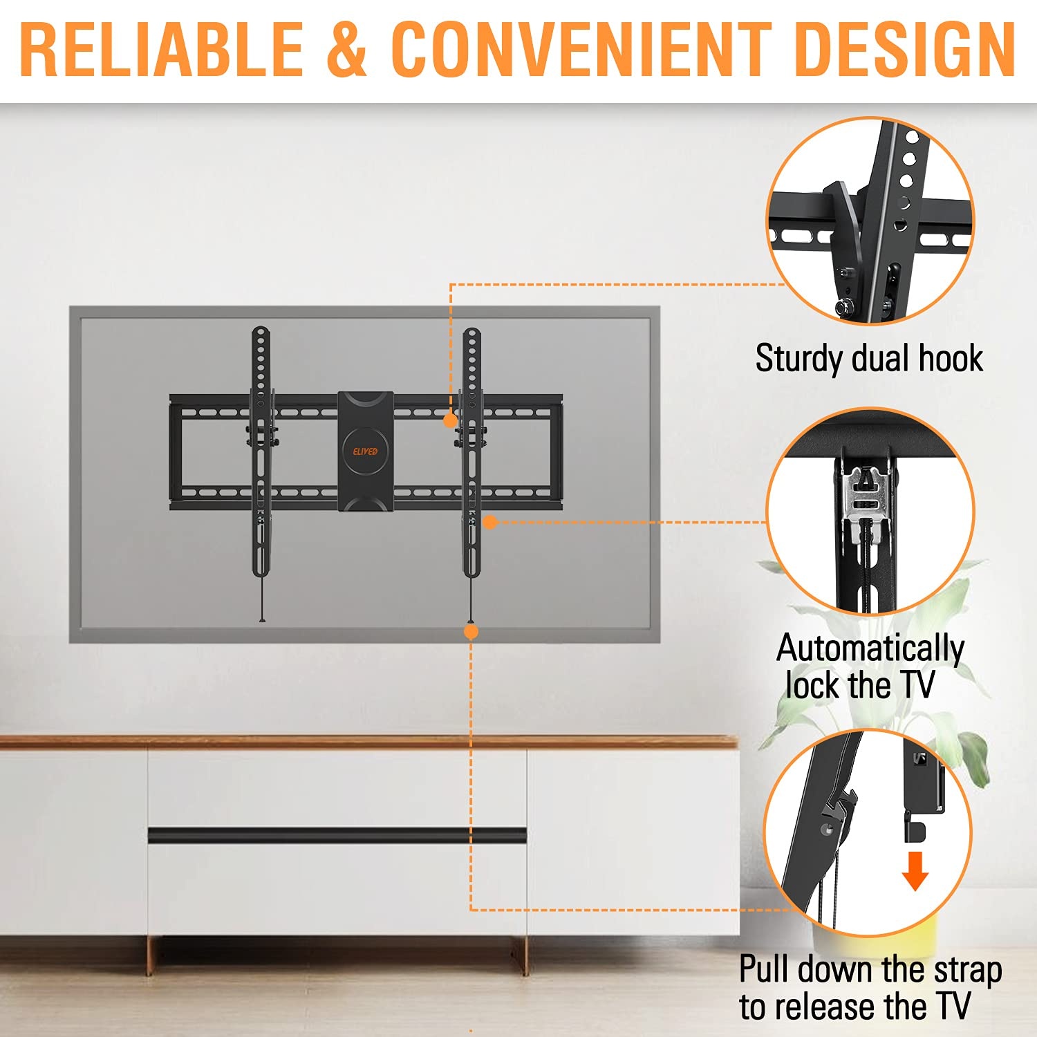image:imageELIVED UL Listed TV Wall Mount for Most 3775 Inch Flat Screen Curved TVs Universal Tilting Mount fits 16 18 24 Studs Low Profile TV Bracket Max VESA 600x400mm Loading Capacity 99 lbs 45kg