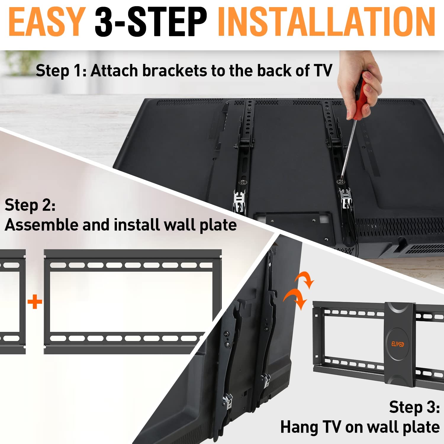 image:imageELIVED UL Listed TV Wall Mount for Most 3775 Inch Flat Screen Curved TVs Universal Tilting Mount fits 16 18 24 Studs Low Profile TV Bracket Max VESA 600x400mm Loading Capacity 99 lbs 45kg