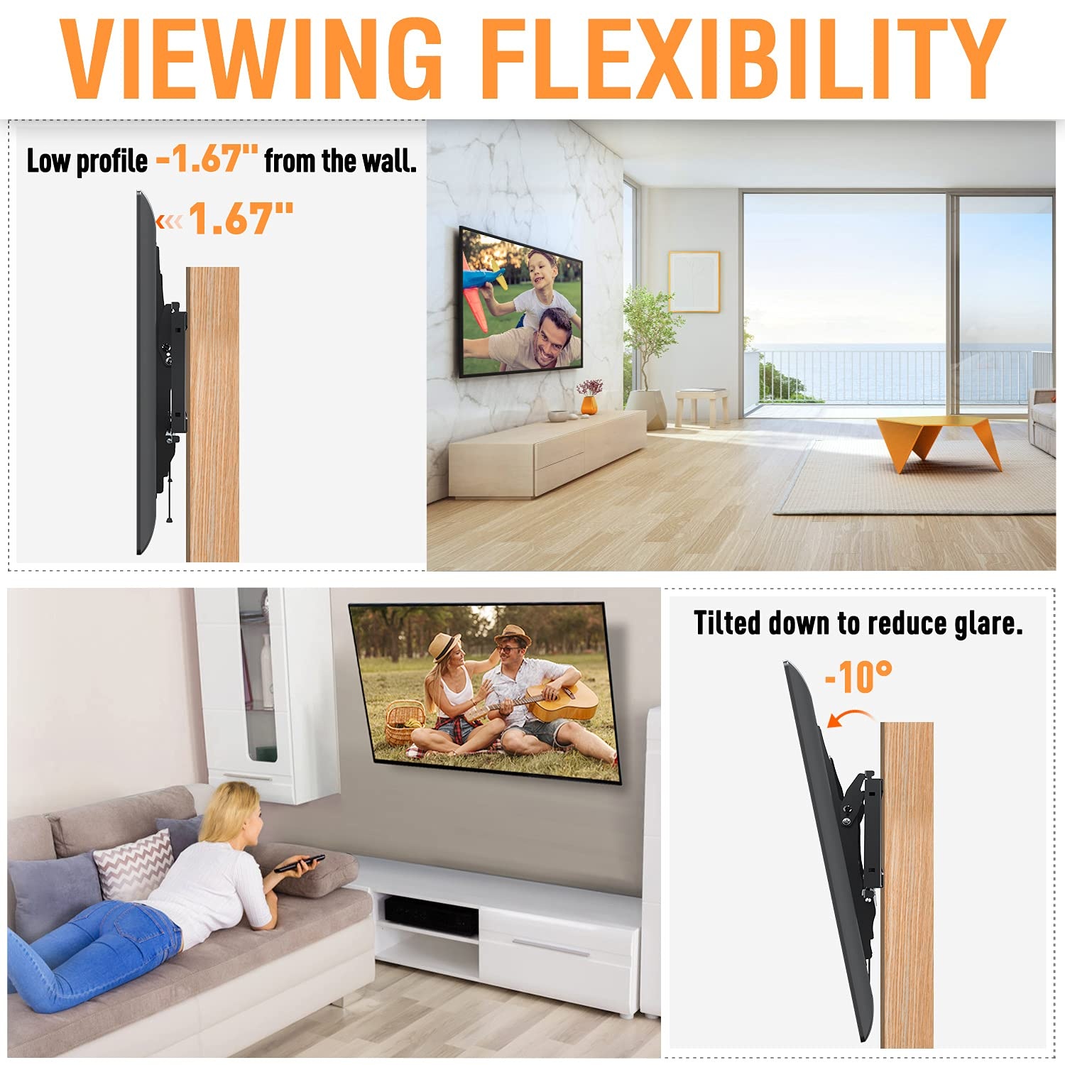 image:imageELIVED UL Listed TV Wall Mount for Most 3775 Inch Flat Screen Curved TVs Universal Tilting Mount fits 16 18 24 Studs Low Profile TV Bracket Max VESA 600x400mm Loading Capacity 99 lbs 45kg