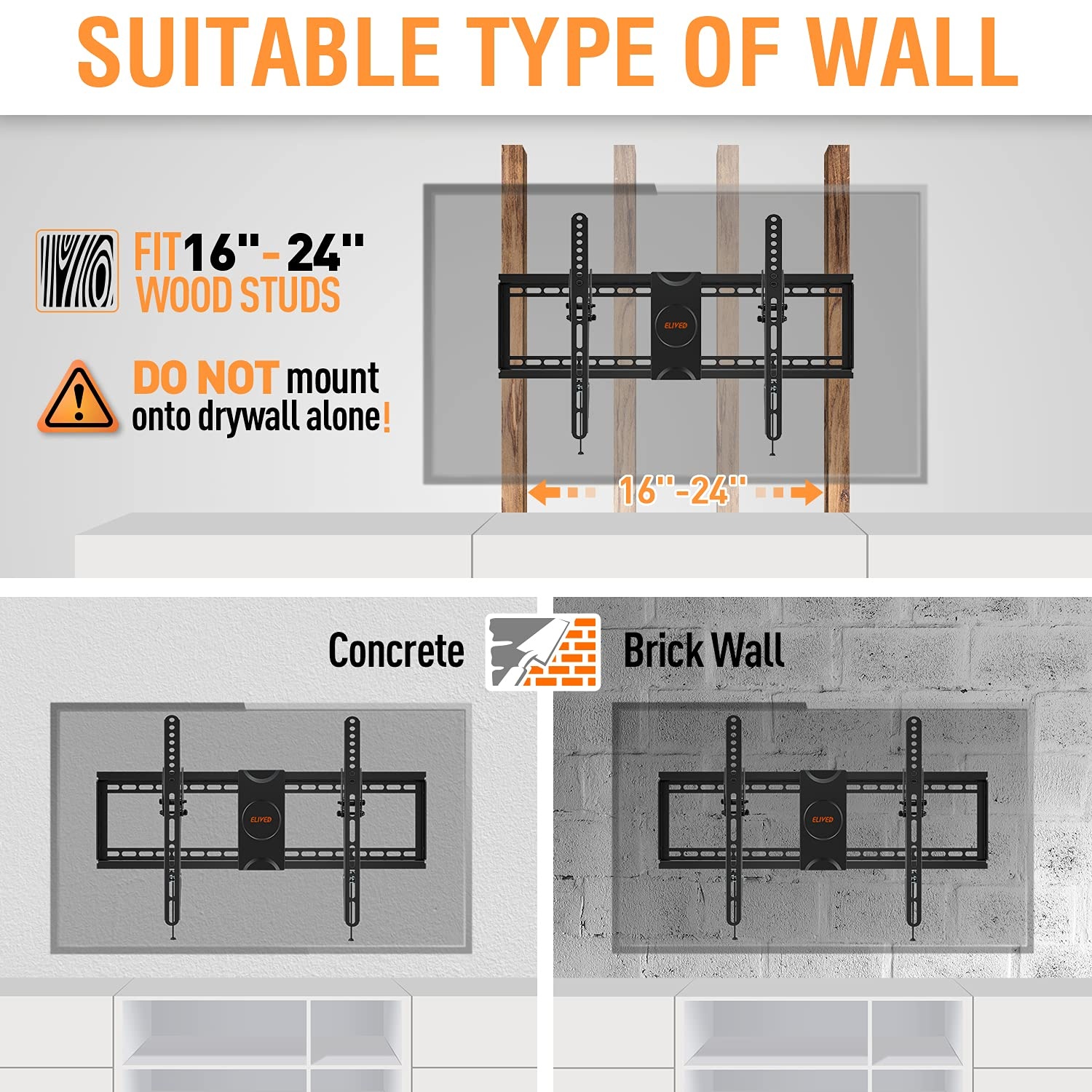 image:imageELIVED UL Listed TV Wall Mount for Most 3775 Inch Flat Screen Curved TVs Universal Tilting Mount fits 16 18 24 Studs Low Profile TV Bracket Max VESA 600x400mm Loading Capacity 99 lbs 45kg