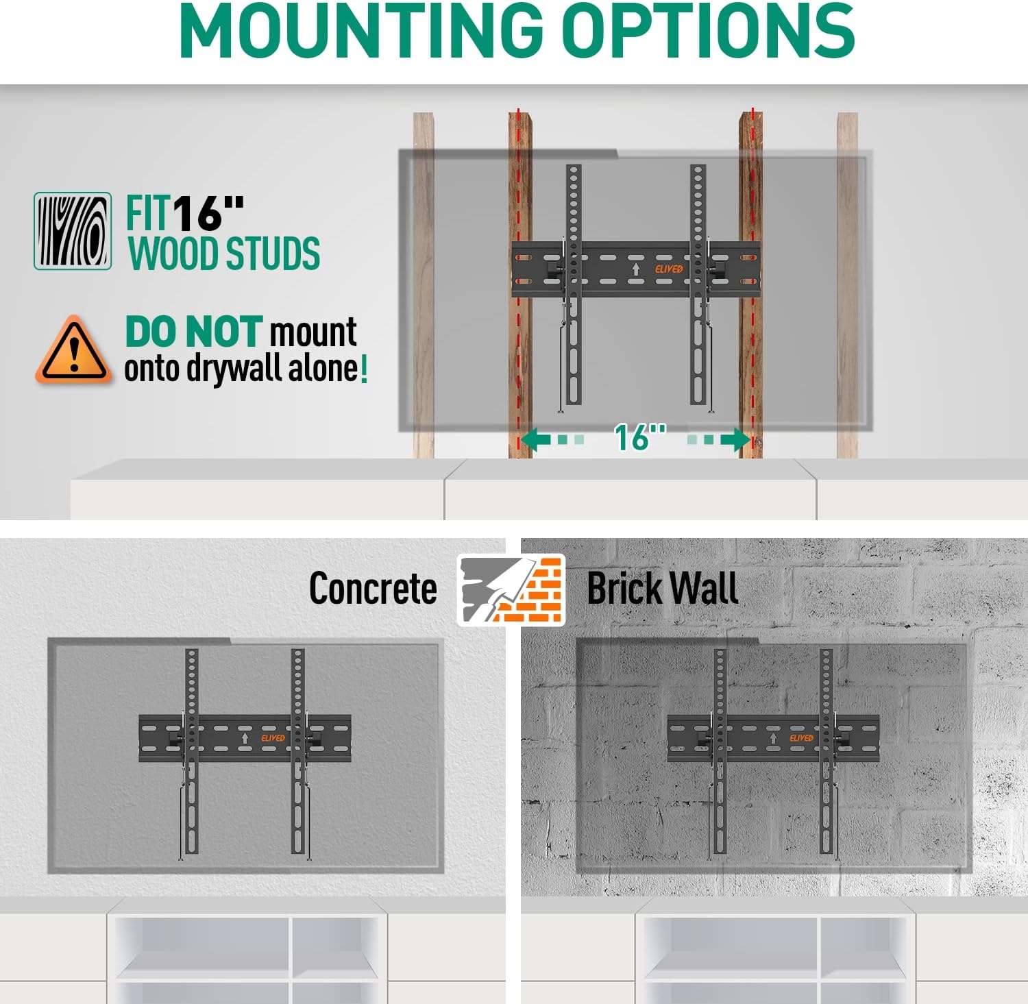 image:imageELIVED UL Listed Tilting TV Wall Mount Bracket Universal TV Mount Low Profile for 2655 Inch Flat Screen tvs Easy to Install with Tilting Knob Fits 1216 Studs Max VESA 400x400mm 99 lbs