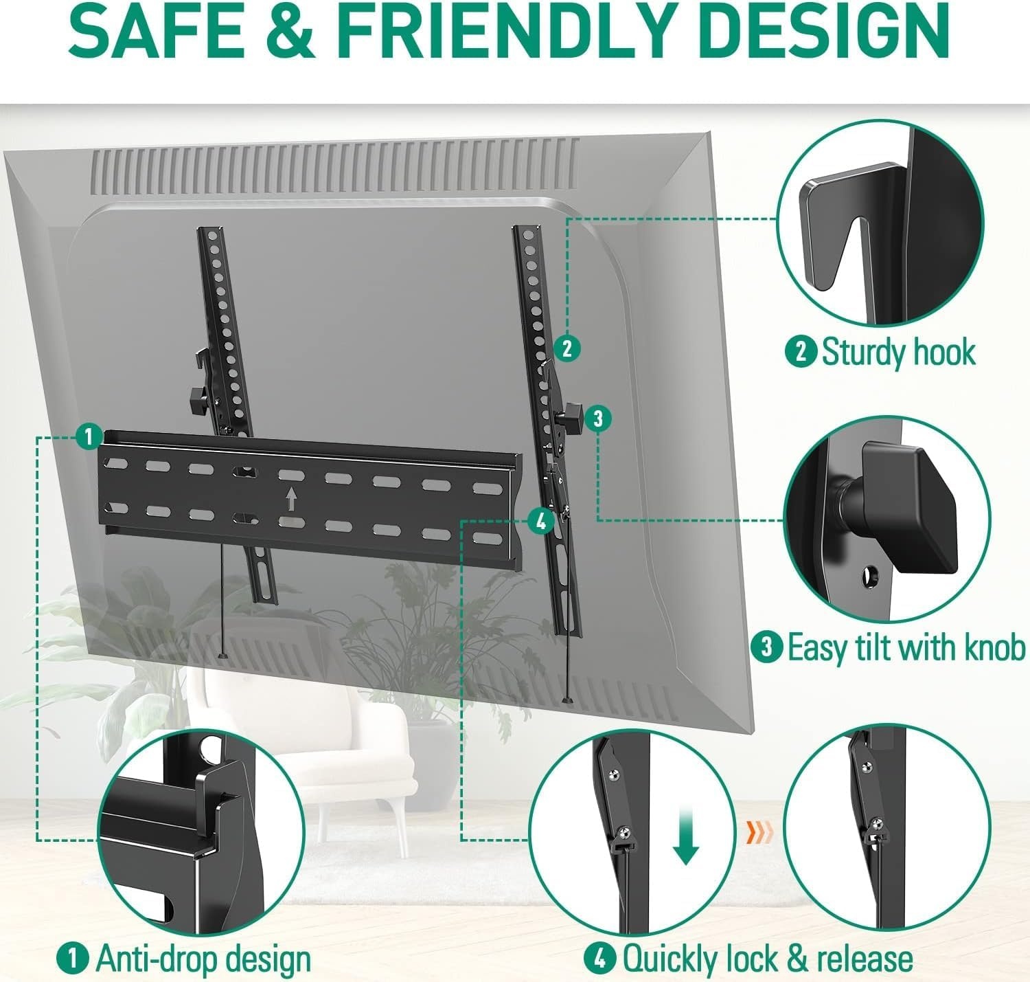 image:imageELIVED UL Listed Tilting TV Wall Mount Bracket Universal TV Mount Low Profile for 2655 Inch Flat Screen tvs Easy to Install with Tilting Knob Fits 1216 Studs Max VESA 400x400mm 99 lbs