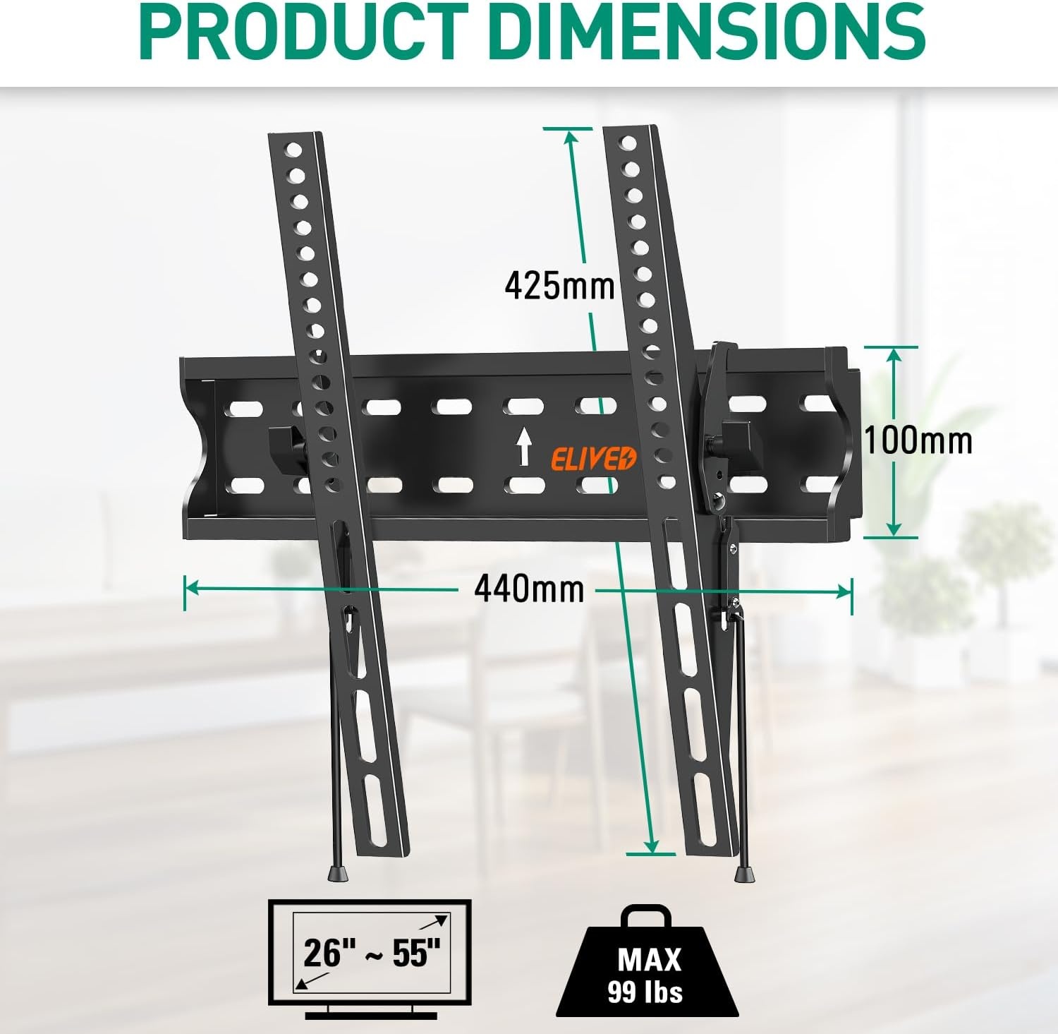 image:imageELIVED UL Listed Tilting TV Wall Mount Bracket Universal TV Mount Low Profile for 2655 Inch Flat Screen tvs Easy to Install with Tilting Knob Fits 1216 Studs Max VESA 400x400mm 99 lbs