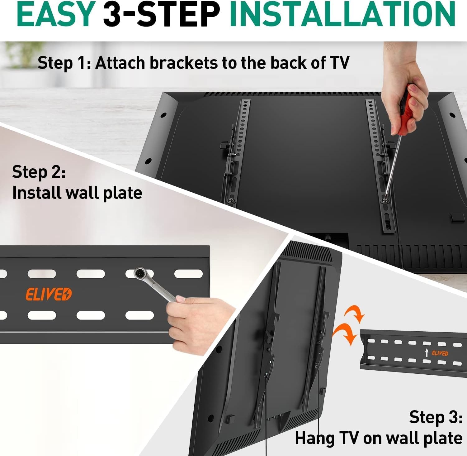 image:imageELIVED UL Listed Tilting TV Wall Mount Bracket Universal TV Mount Low Profile for 2655 Inch Flat Screen tvs Easy to Install with Tilting Knob Fits 1216 Studs Max VESA 400x400mm 99 lbs