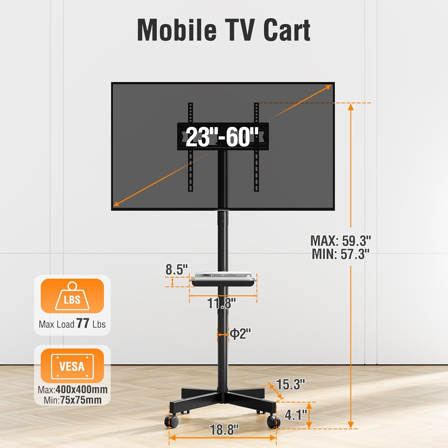 image:imageELIVED Mobile TV Stand for 2360 Inch Flat Screen TVs Tilt TV Cart with Adjustable Shelf amp Locking Wheels Rolling TV Floor Stand Max VESA 400x400mm Portable TV Stand Holds Up to 77lbs