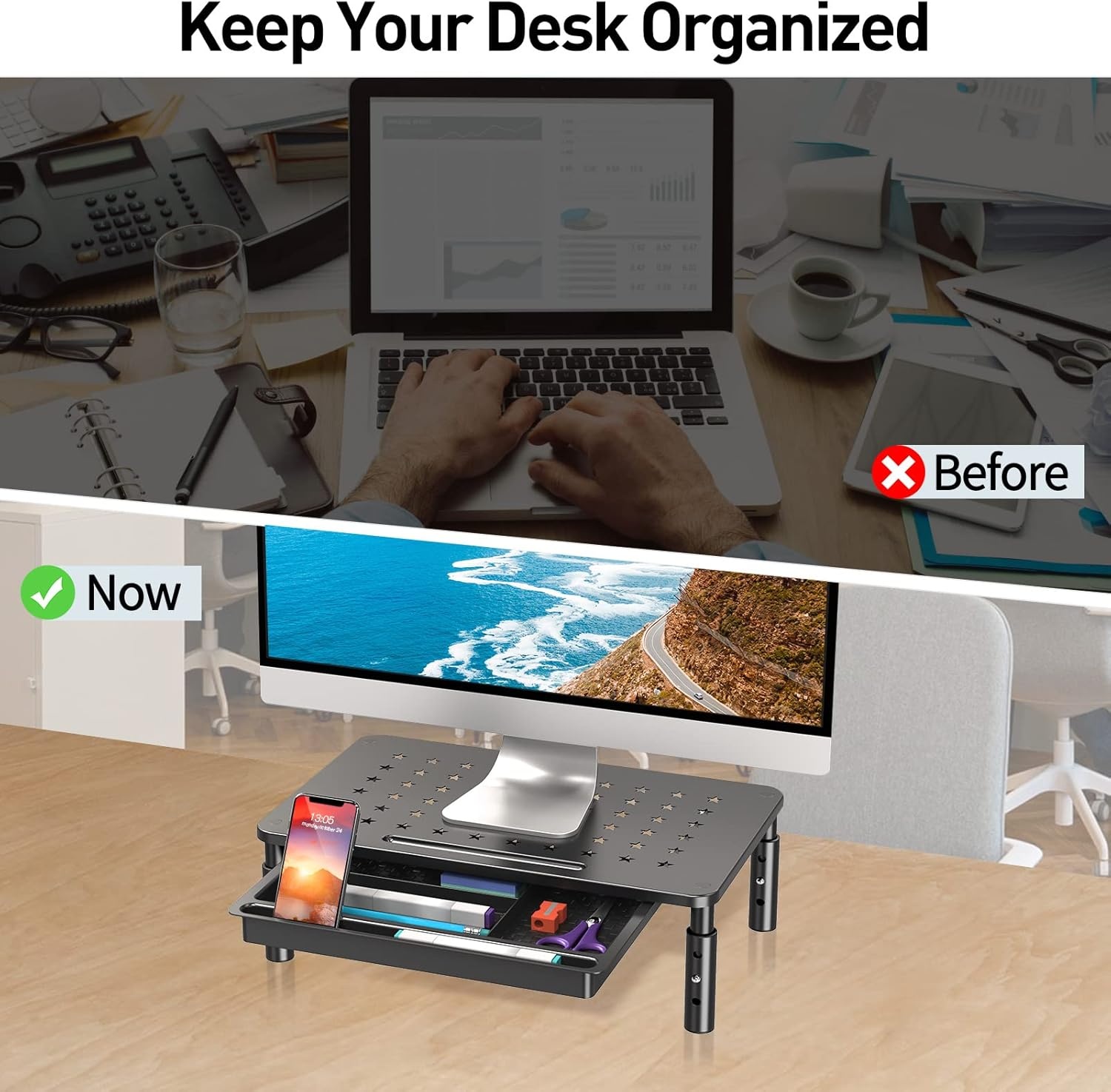 image:imageELIVED 2 Pack Monitor Stand Riser with Drawer 3 Height Adjustable Monitor Stand with Storage Desktop Monitor Riser for Computer Laptop Notebook PrinterBlack