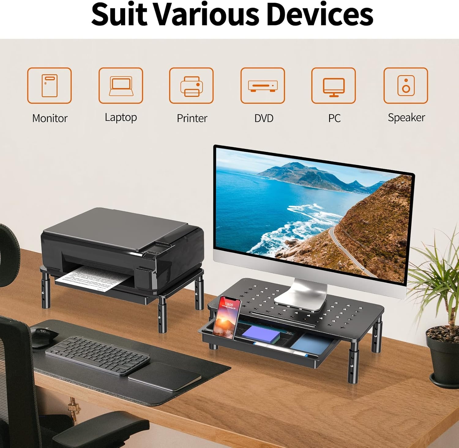 image:imageELIVED 2 Pack Monitor Stand Riser with Drawer 3 Height Adjustable Monitor Stand with Storage Desktop Monitor Riser for Computer Laptop Notebook PrinterBlack