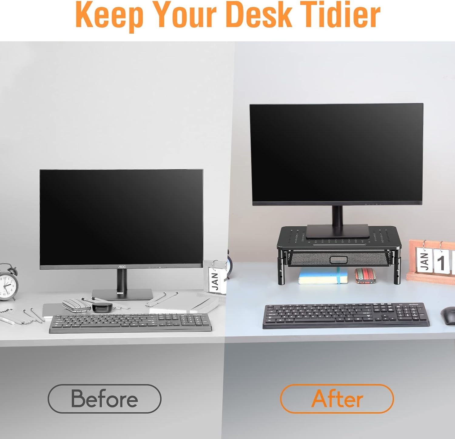 image:imageELIVED 2 Pack Monitor Stand Riser with Drawer 3 Height Adjustable with Larger Storage Space for Home and Office Supplies Metal Desktop Stand for Laptop Computer Printer PC iMac