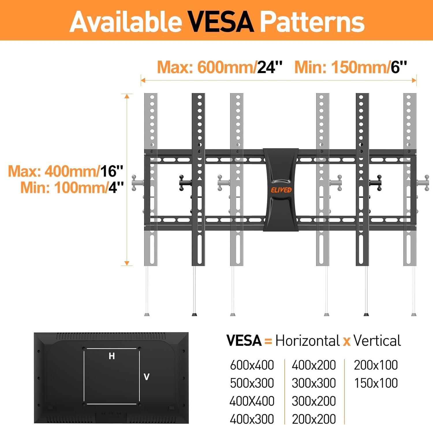 image:imageELIVED TV Wall Mount for Most 3784 Inch TVs Max Load Capacity 120 lbs Tilting tv Mount with Level Adjustment Wall Brackets Max VESA 600x400mm Fits 1624 Inch Studs