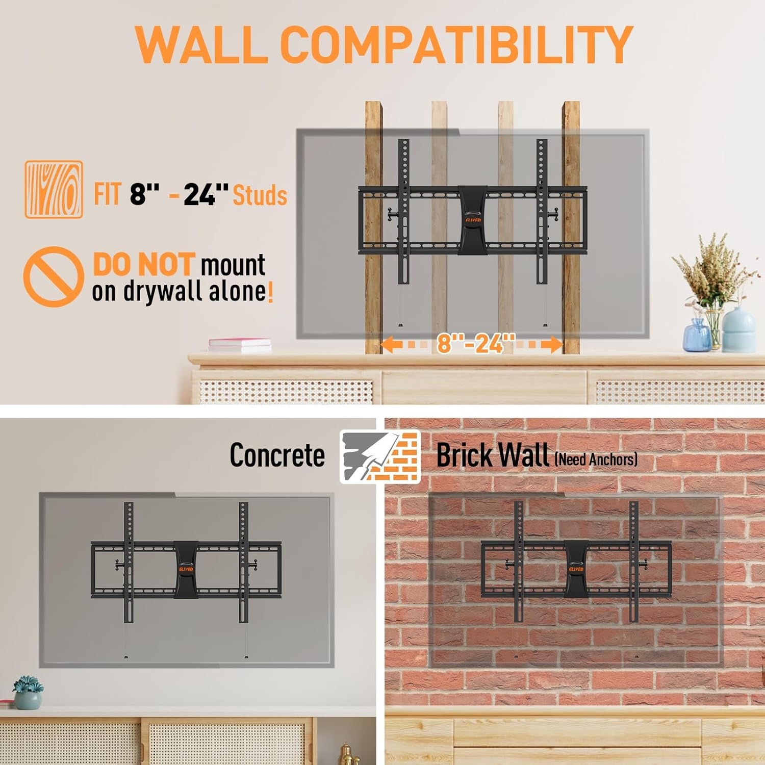 image:imageELIVED TV Wall Mount for Most 3784 Inch TVs Max Load Capacity 120 lbs Tilting tv Mount with Level Adjustment Wall Brackets Max VESA 600x400mm Fits 1624 Inch Studs