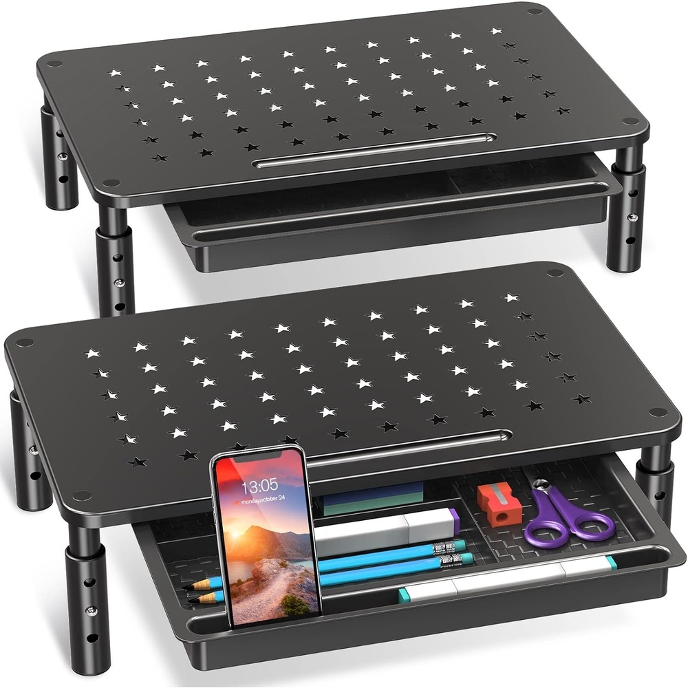 image:imageELIVED 2 Pack Monitor Stand Riser with Drawer 3 Height Adjustable Monitor Stand with Storage Desktop Monitor Riser for Computer Laptop Notebook PrinterBlack