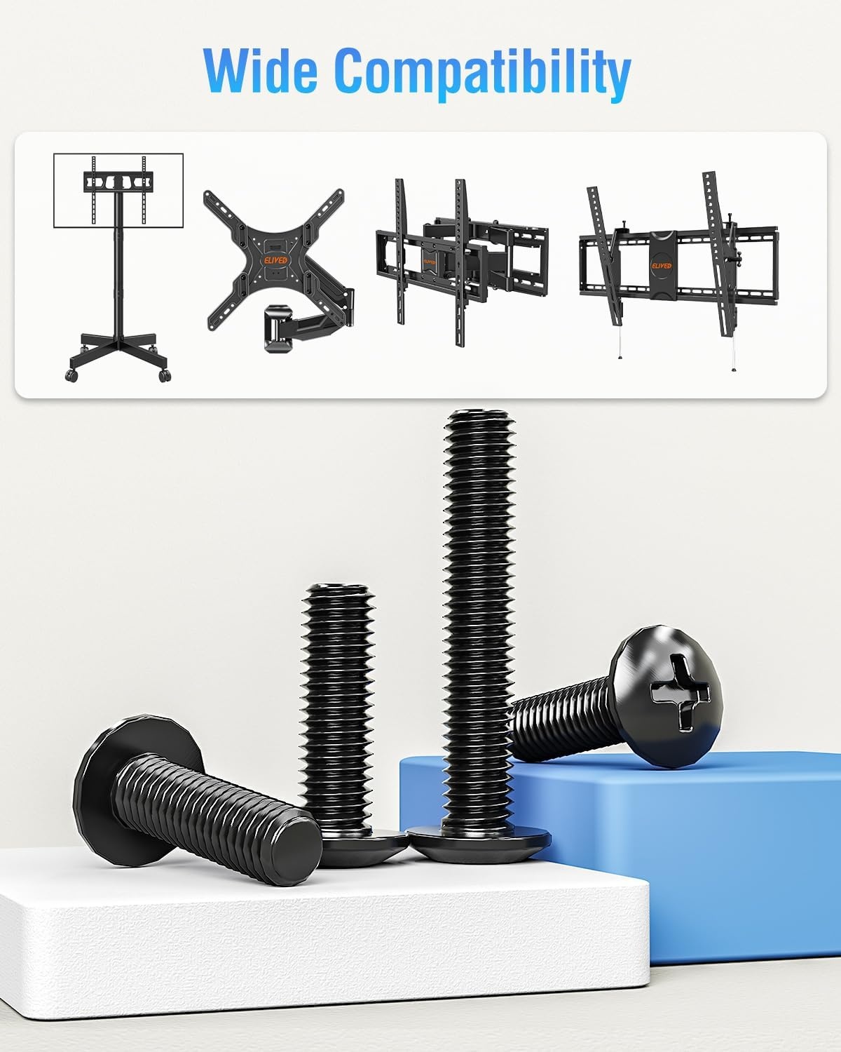 image:imageELIVED Universal TV Mounting Hardware Kit Set with Box Includes M4 M5 M6 M8 Screws Washers Spacers Replacement Screws for TV VESA Mounting Fit Most FlatCurved TVMonitor up to 80 Inch